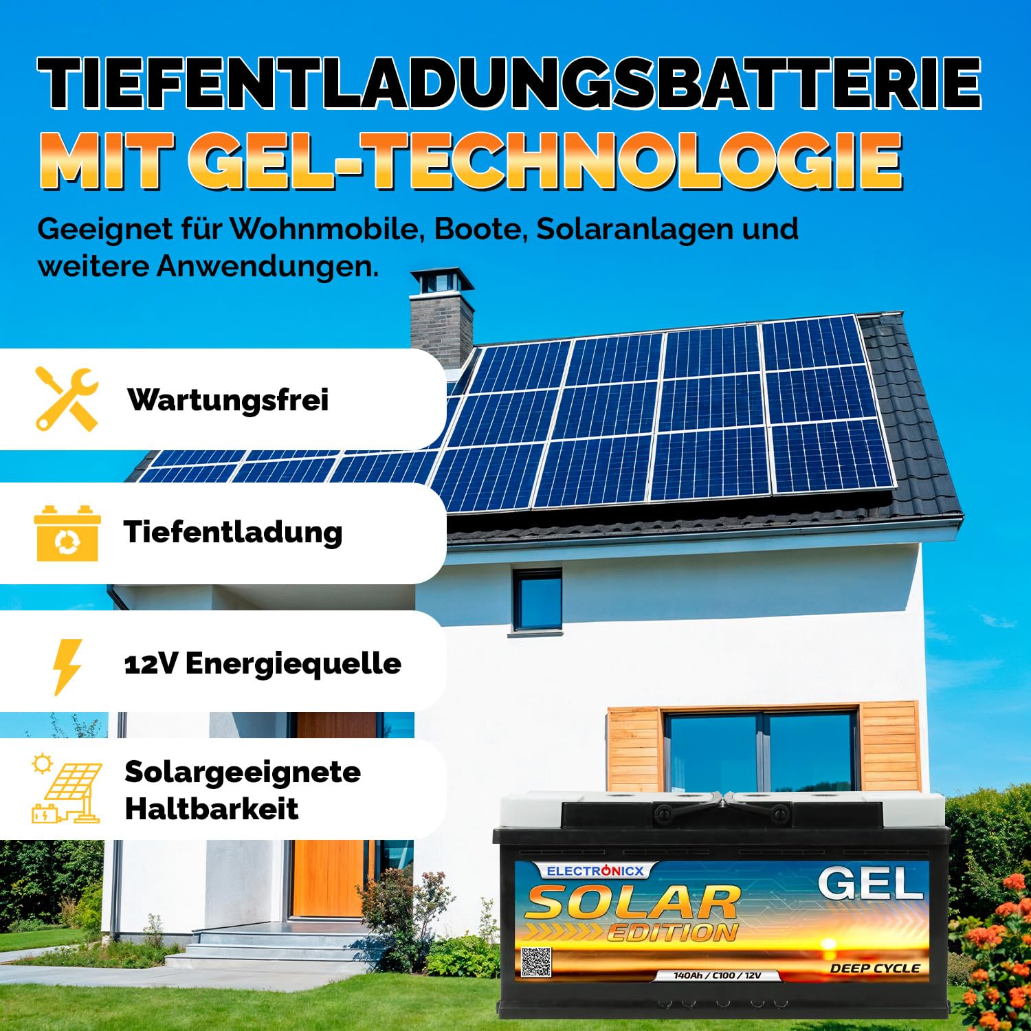 Electronicx Gel Solar Edition 12V 140Ah Deep Cycle Batterie 140 Ah Versorgungsbatterie - wartungsfrei, auslaufsicher - für Wohnmobil, Photovoltaik, Inselanlage, Solar - Maße: 393×175×190 mm kompakt
