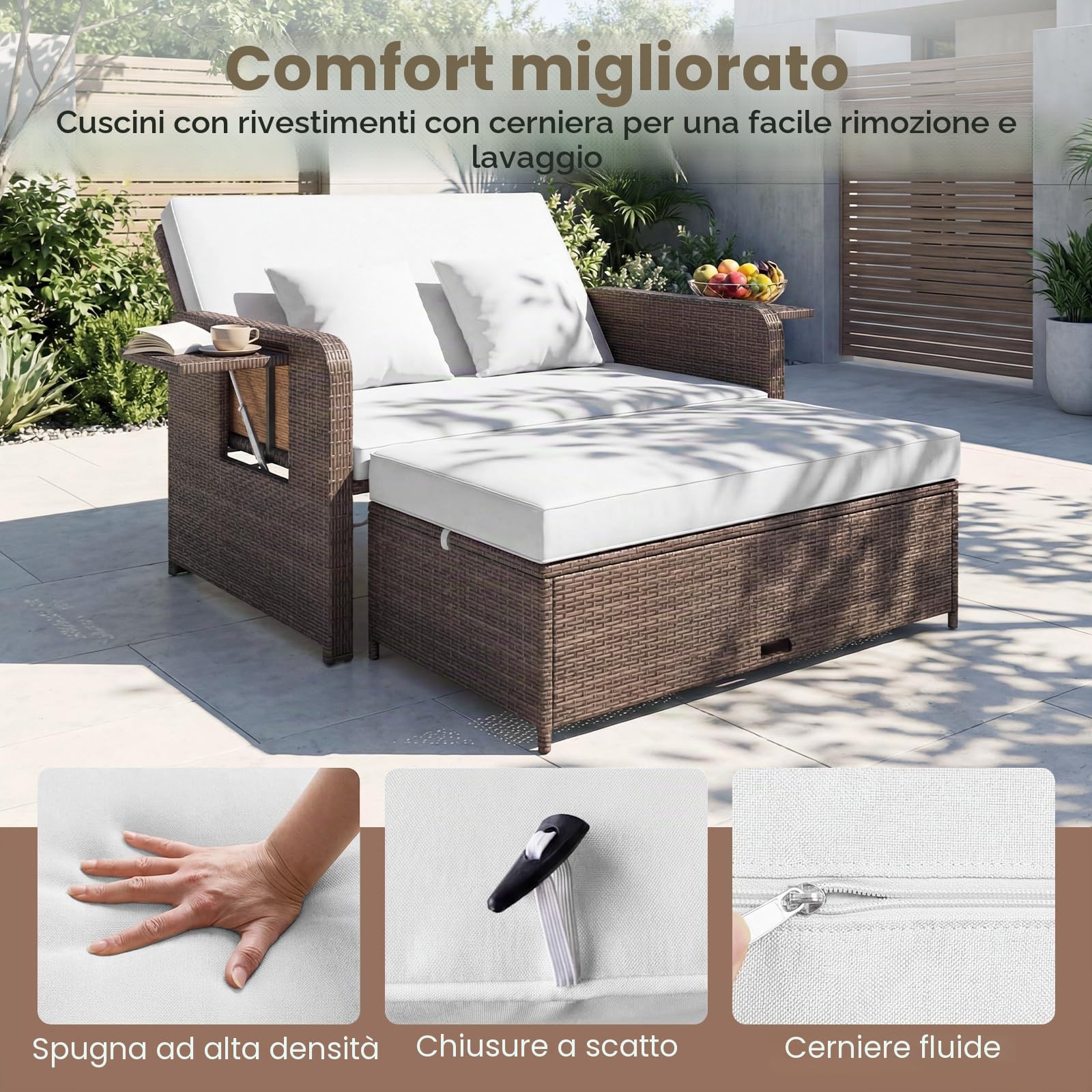 GIANTEX Divano da Giardino in Rattan con Poggiapiedi, Doppio Divano da Esterno con Schienale Regolabile, Mobili da Giardino per Terrazza, Balcone, Cortile