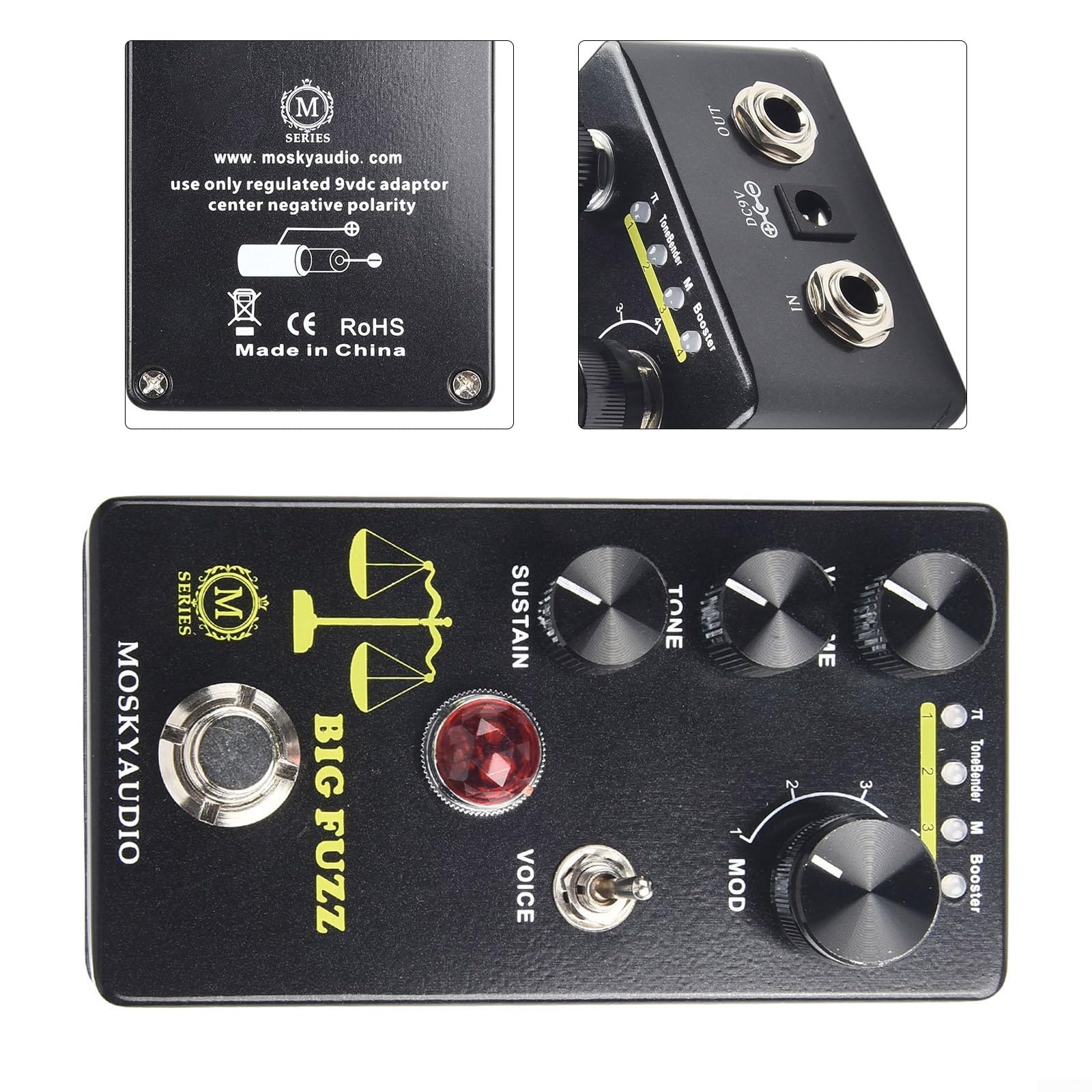 Pedal Fuzz de guitarra eléctrica con distorsión de estilo Big Muff | Perilla de selección de 4 modos para tono de volumen | Fuente de alimentación DC9V | Procesador de efectos negros