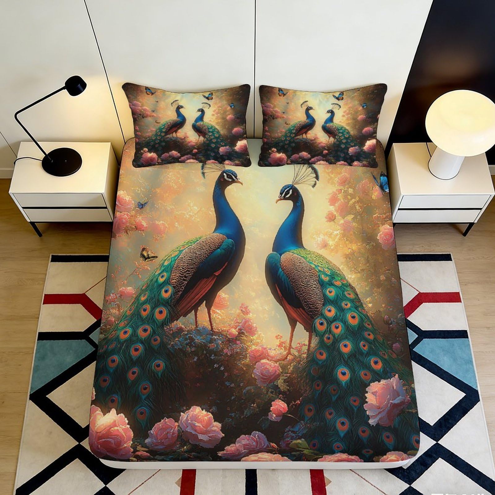 Kzqjxnhpcr Style-7 3D Printed Peacock Fitted Sheet Microfiber Deep Pocket Bedroom Bedding Peacock Mattress Fitted Cover Non-Slip Washable For Adults Teens 90X200x25cm 90X200x25cm