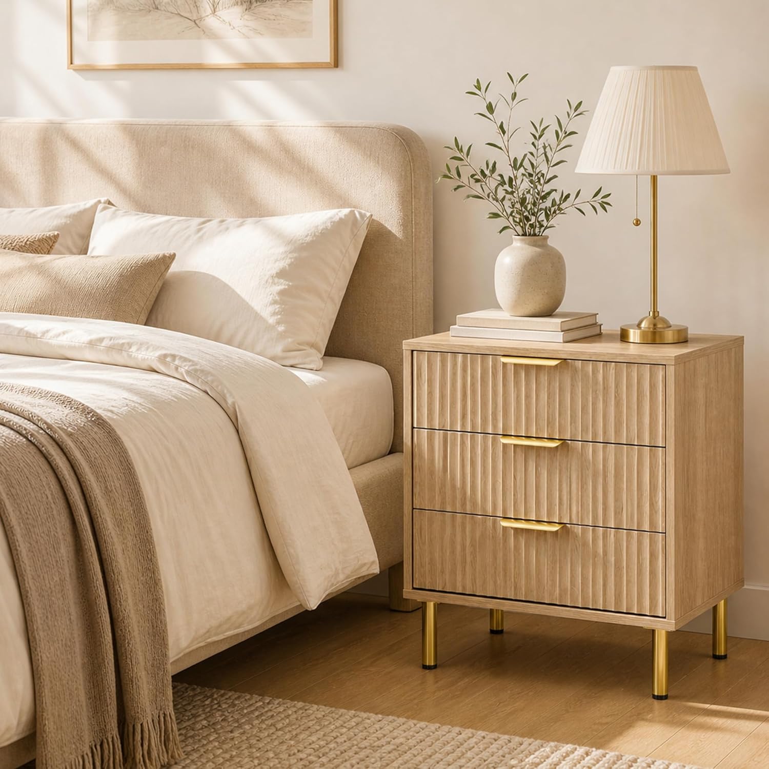 Natural Oak Fluted Wood Nightstand with 3 Drawers, 24" Tall Bedside Table with Gold Handles, Japandi Ribbed Side Table for Bedroom
