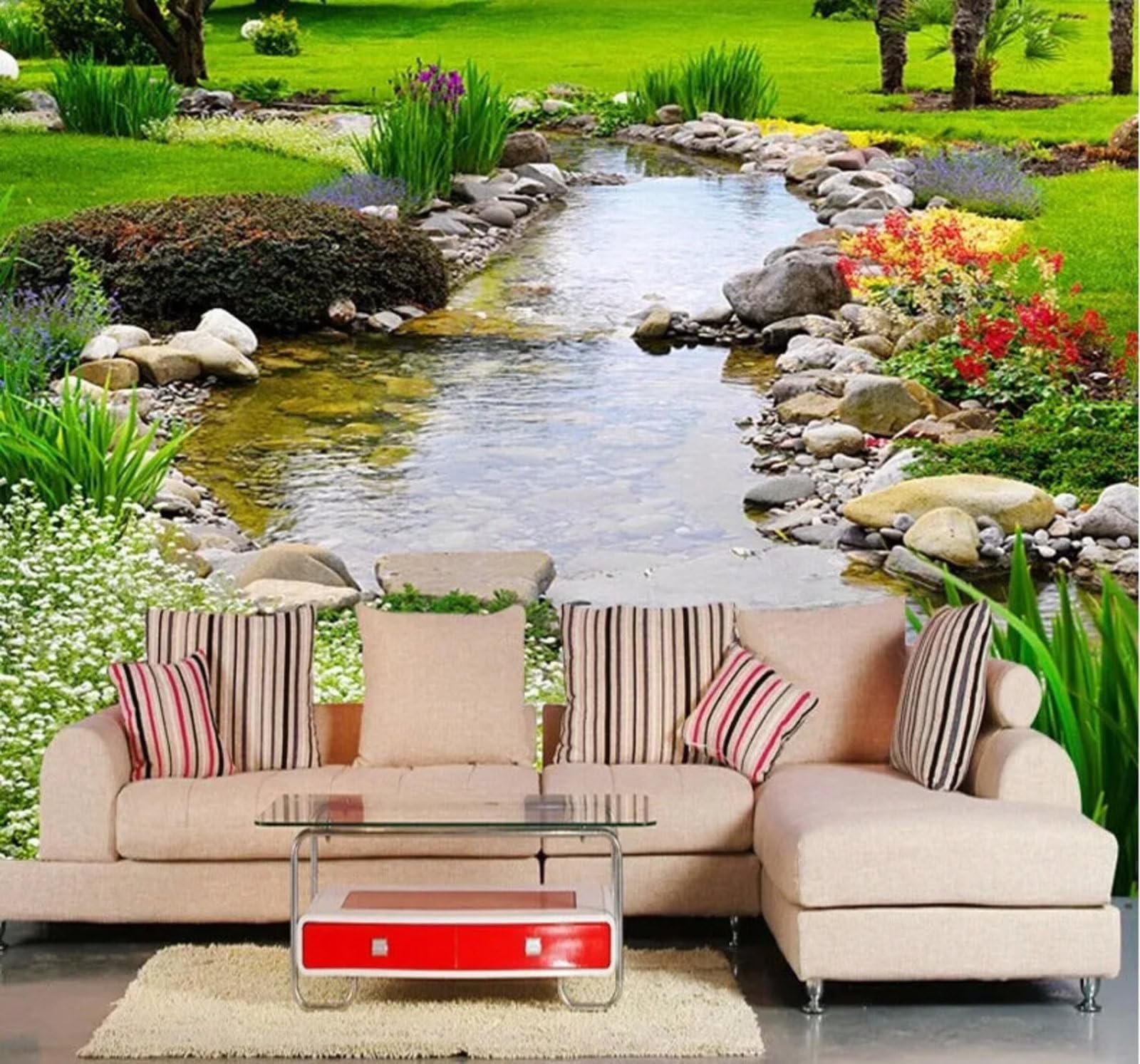 Fresh Beautiful Garden Lawn Stream 3D Wallpaper Easy Install Feature Office Living Room Sofa Bedroom TV Background Wall Decoration-250cm×170cm