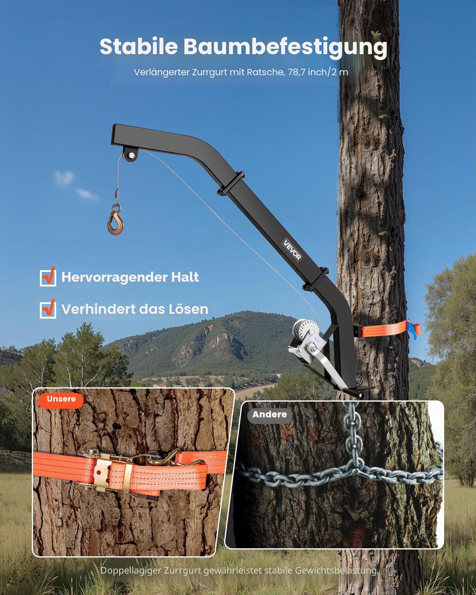 VEVOR Game Hoist zur Baummontage, Tragkraft 160 kg, Wildhebezeug mit Ratschengurt, Hochleistungs-Hirschaufhänger zum Häuten, Säubern, Aufhängen von Wildtieren, 1200 x 310 x 130 mm, Schwarz