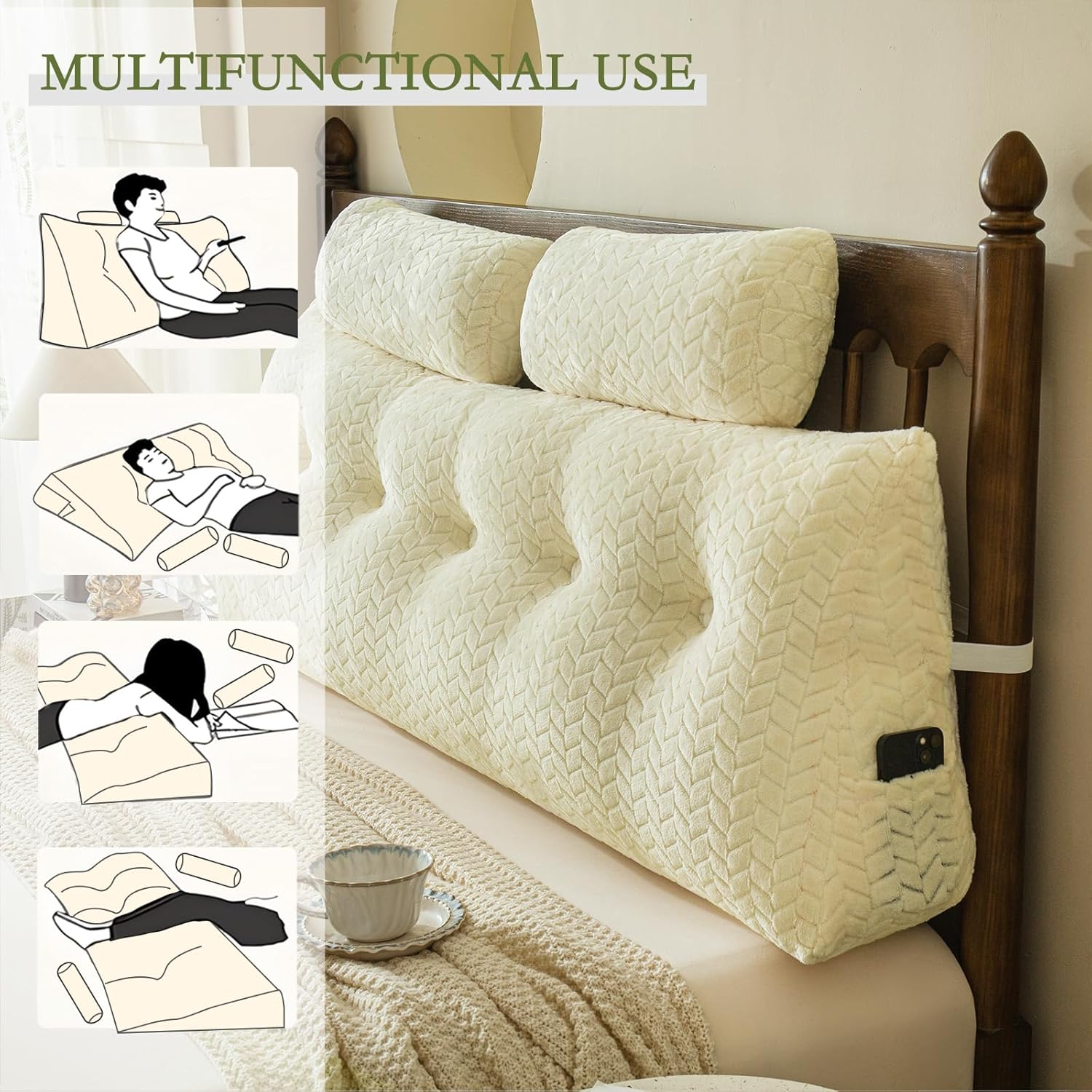 YOUR MOON Wedge Headboard Pillow Full with 2 Pack Neck Roll Pillows, Triangular Wedge Backrest Pillow Headboard for Bed,Daybed,and Lounging, Large Bed Bolster Pillows,Off White