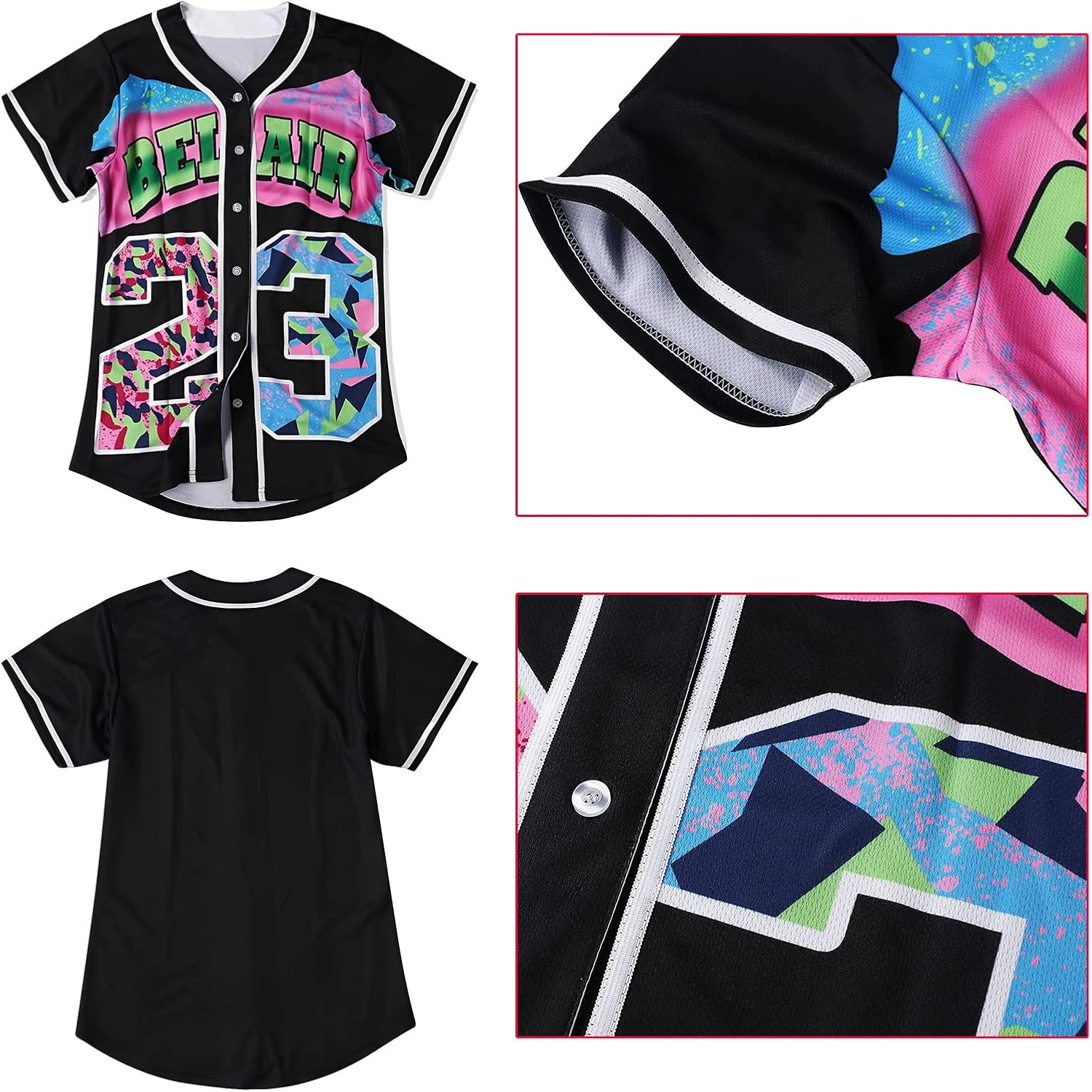 Miniatura 5 de DreamJ Traje de los años 90 para mujer, camiseta de béisbol Bel Air, ropa de fiesta de hip hop, camisa de manga corta para fiesta club