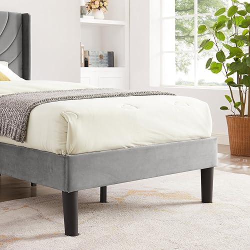 Miniatura 20 de VECELO Base de cama tapizada tamaño Queen con cabecera de tela, soporte de listones de madera, no necesita somier, base de colchón, fácil montaje,