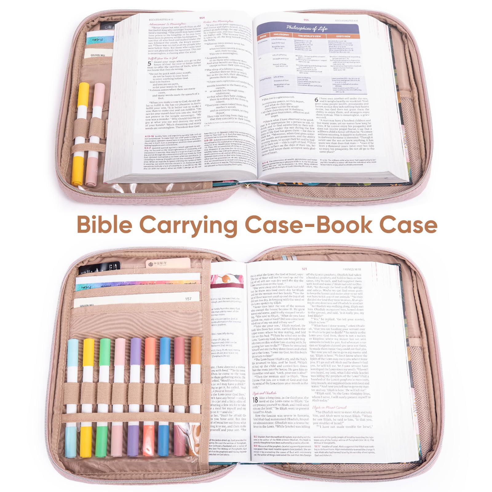 APLUFINE Funda acolchada para la Biblia para mujer, bolsa organizadora con cremallera con funda para suministros de estudio, accesorios y diarios, regalo de transporte de iglesia para niñas, funda de