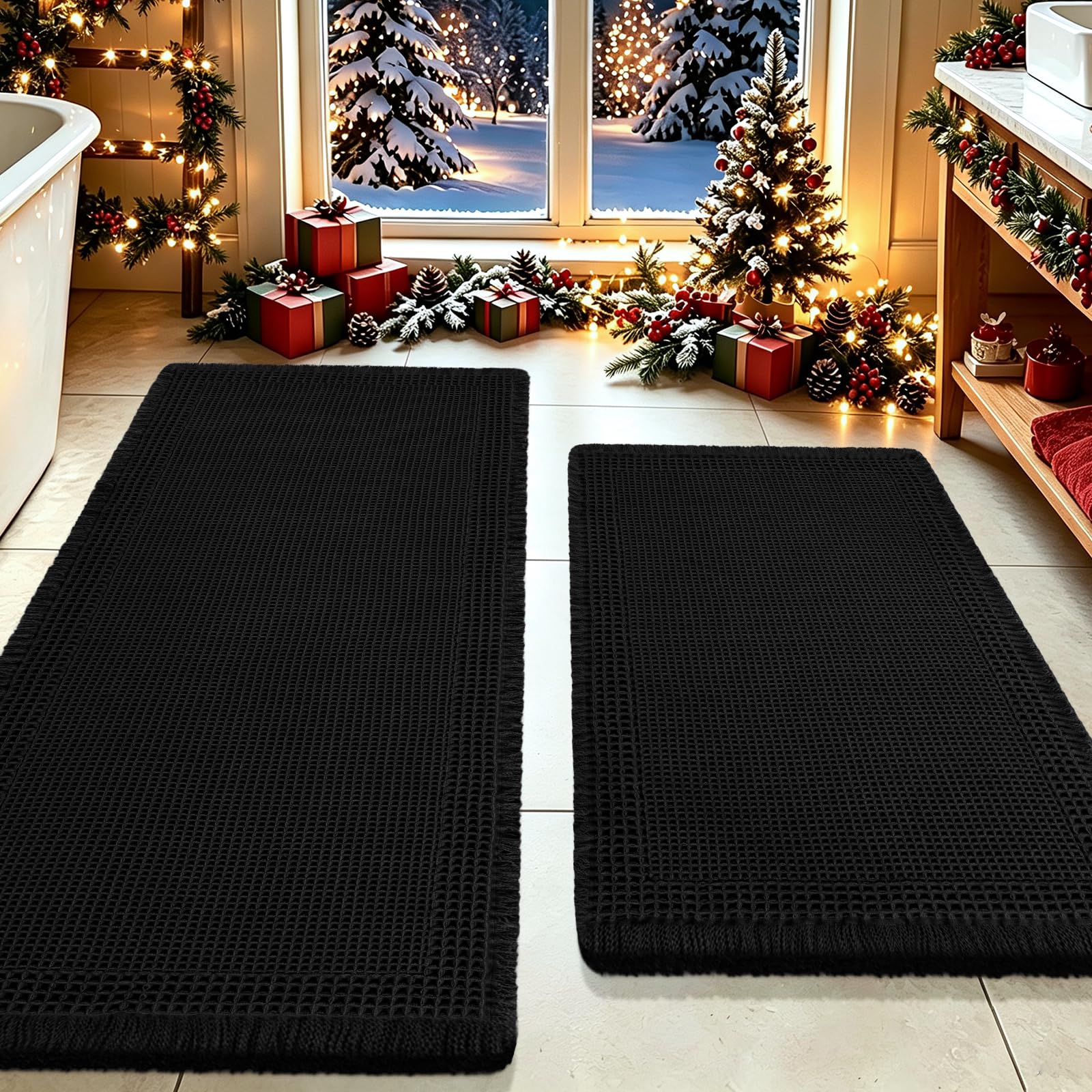 Upgrade Waffle Bath Mat Set 2 Piece, Boho Bathroom Rugs Absorbent Non Slip, Ultra Soft Bathroom Mat, Machine Washable Knit Bath Rugs with Border for Bathroom, Bedroom, Kitchen, Shower, Tub, Black