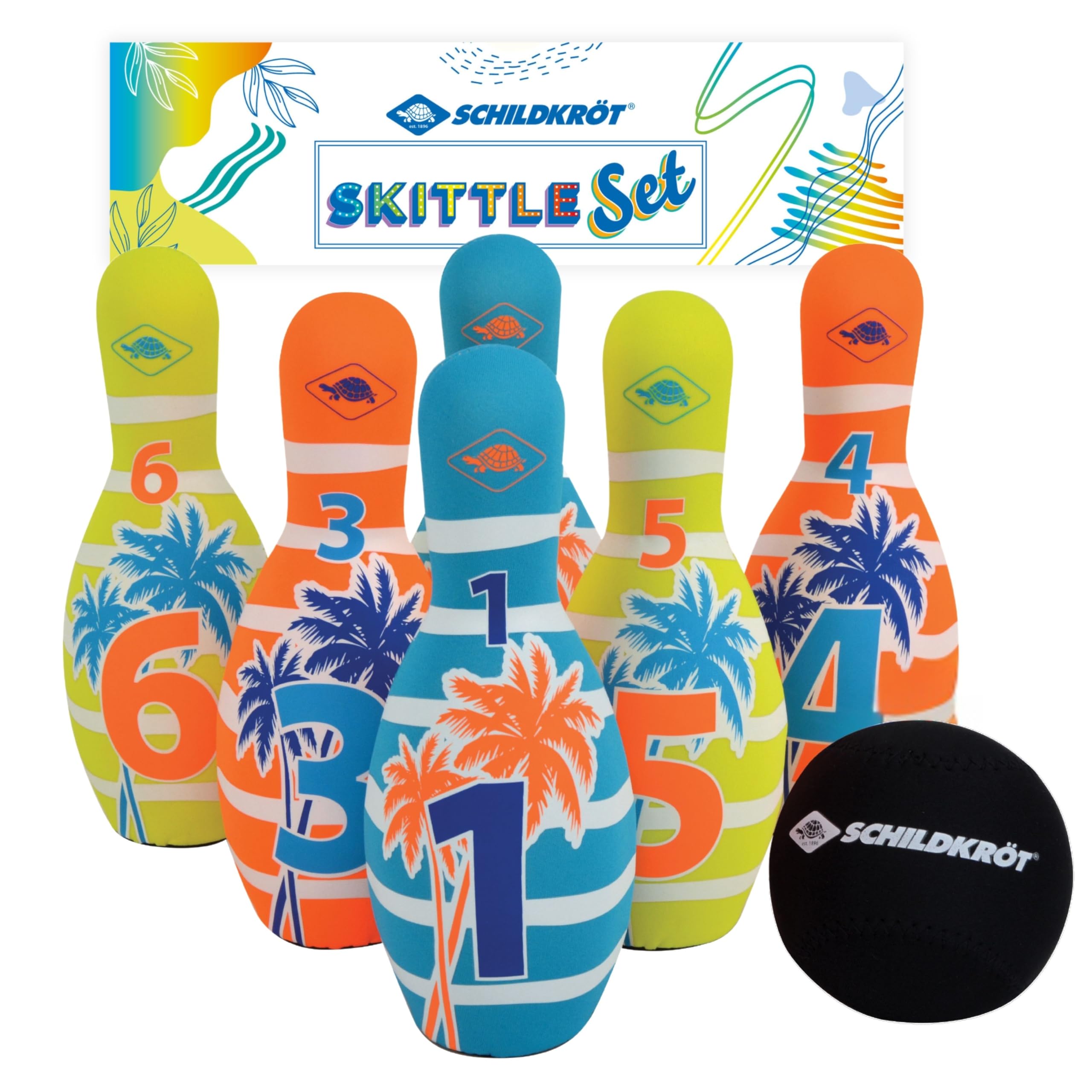 Schildkröt Neopren Kegel-Set, 6 Kegel (21,5 cm), 1 Ball (Ø9 cm), Bowlingset im Kartonträger, inklusive wiederverschließbarer Netztasche, 970227
