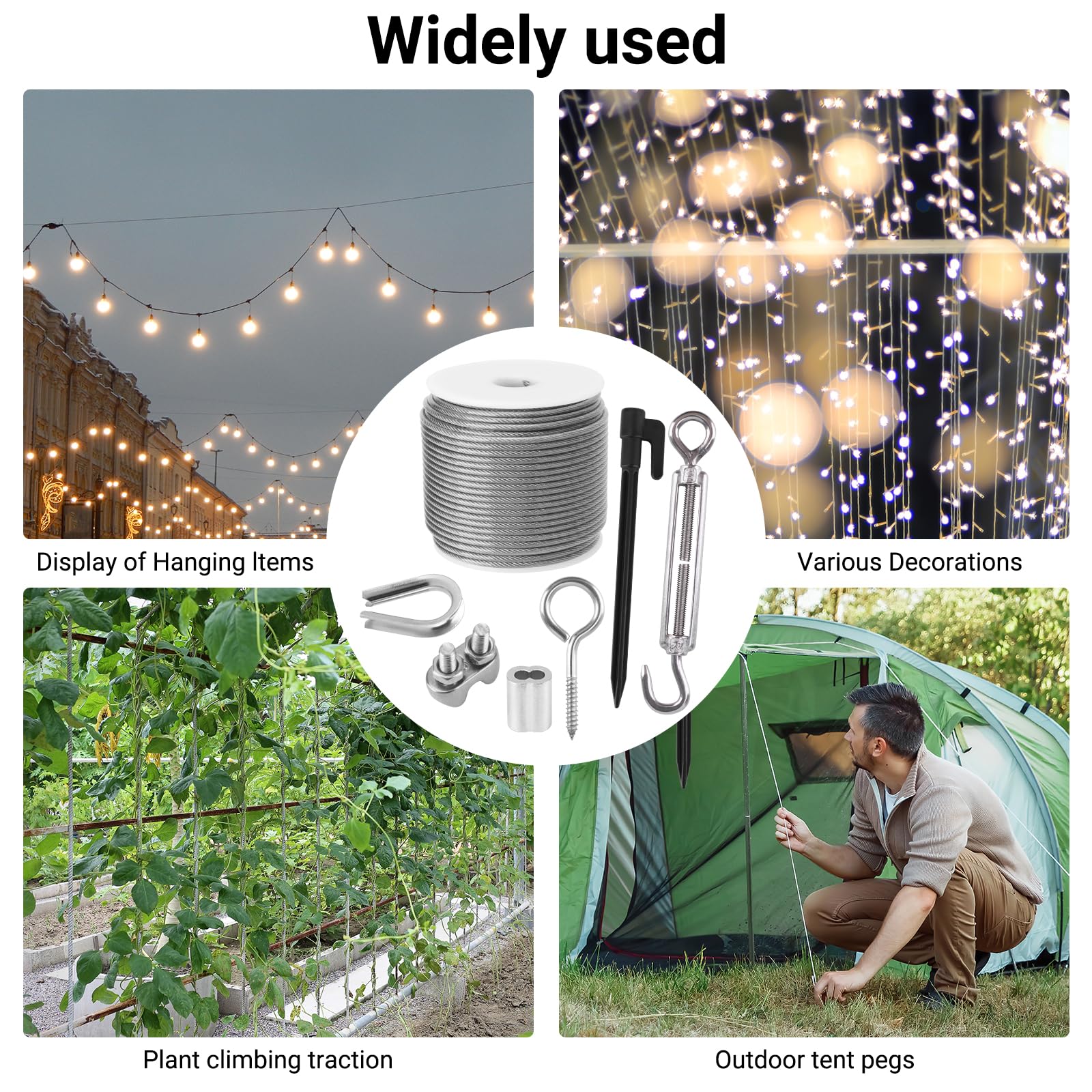 50M Drahtseil Edelstahl Set, 3mm Stahlseil mit M5 Ösen Seilspanngarnitur, Seilspanner Spannschloss Spanndraht PVC-ummantelt für Kletterpflanzen, Zäune, String Light Suspension, Wäscheleine