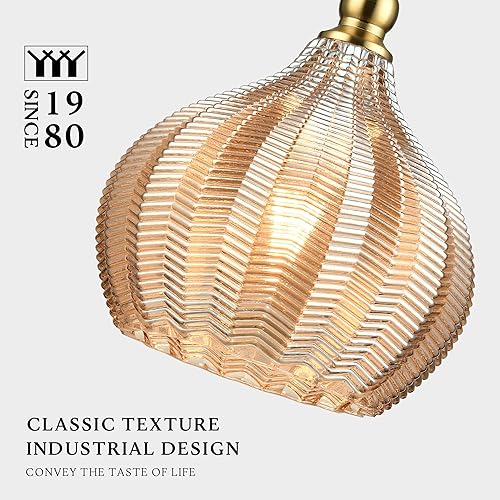 Miniatura 2 de Lámpara colgante moderna de cristal, 9 x 15.3 pulgadas, lámpara colgante a rayas ámbar con tapa dorada, línea ajustable de 15 a 72 pulgadas, enchufe