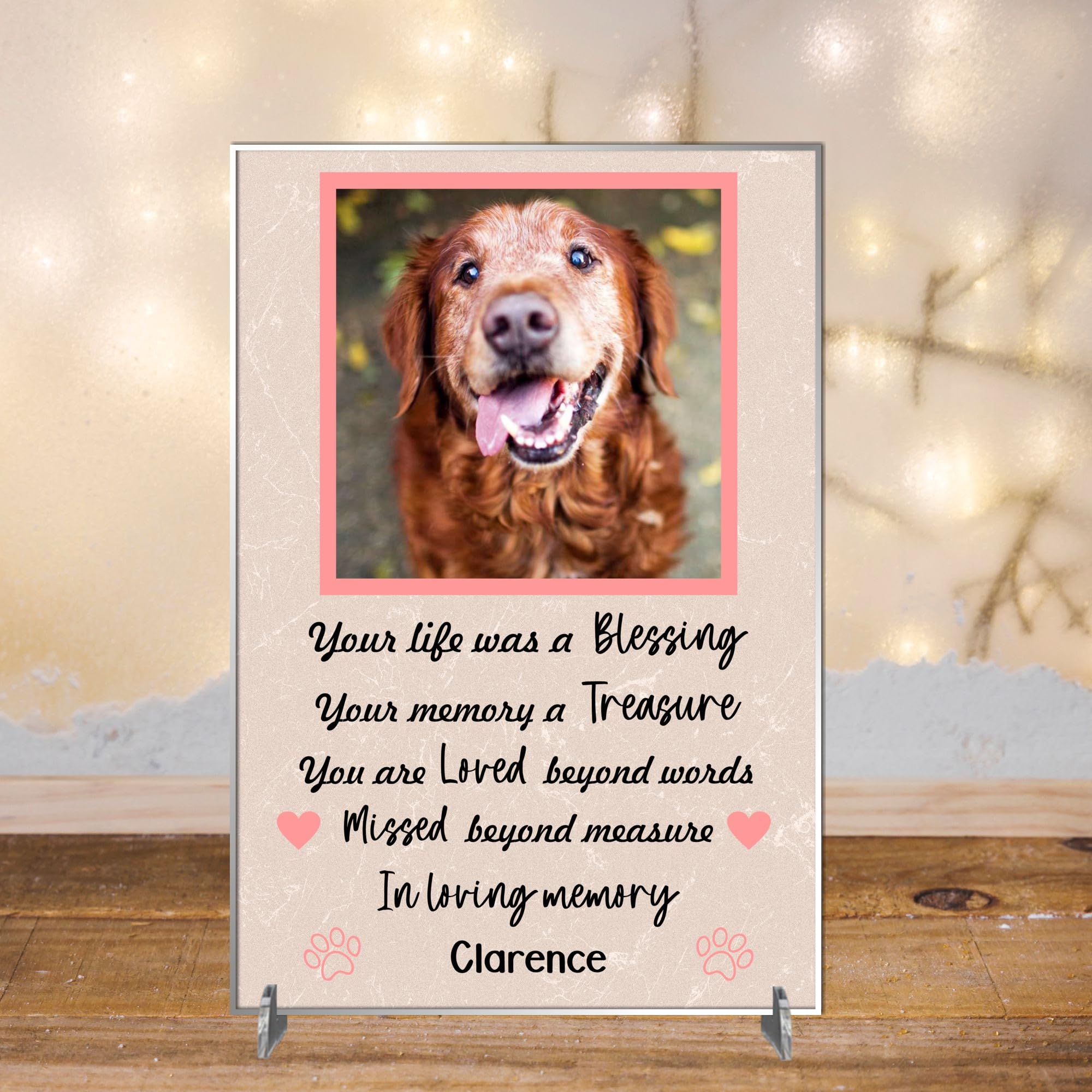 Personalised Pet Bereavement Photo Plaque 'In Loving Memory' - Custom Text, Available in MDF or Acrylic, Size 148mm x 210mm Sign for Your Dog, Cat, Horse, Rabbit, Bird (Acrylic A4 30cm x 21cm, Pink)