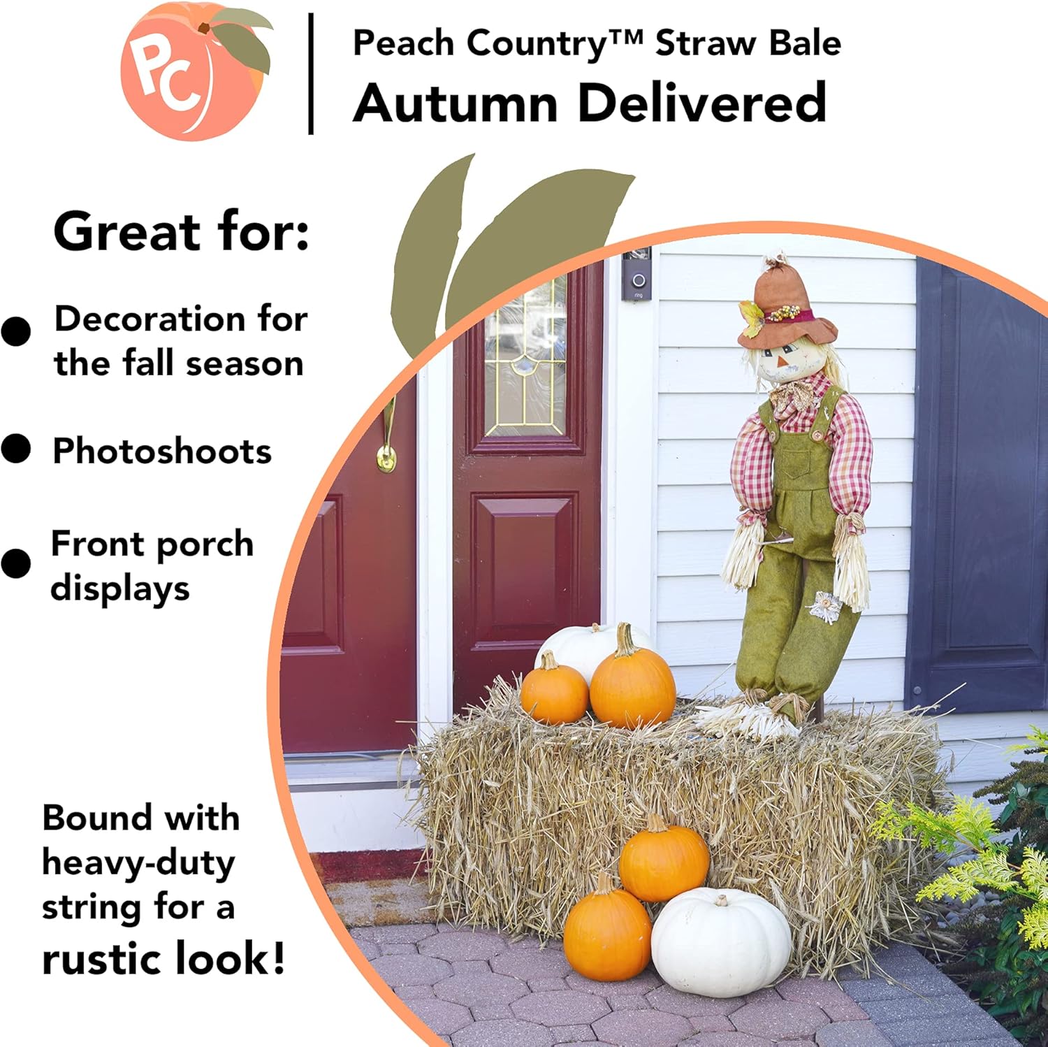 Peach Country Real Full Size Straw Bale, 35" x 19" 12", for: Autumn Fall Decorations, Bedding, Over Seeding,