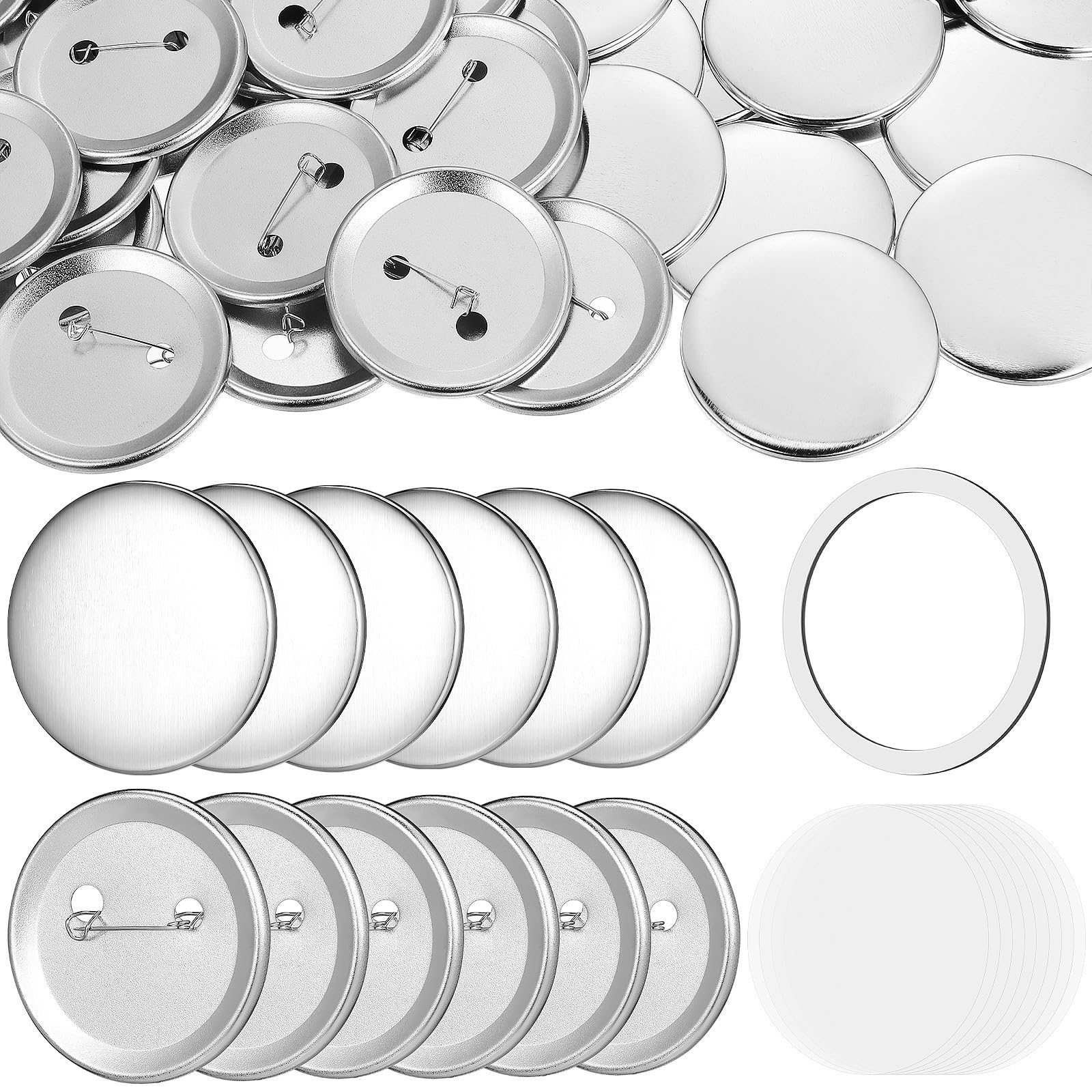 100 Sätze Runde Knopfabzeichenteile aus Eisen 58mm mit Schutzfolie und Rückdeckeln für Knopfherstellung und Bastelarbeiten