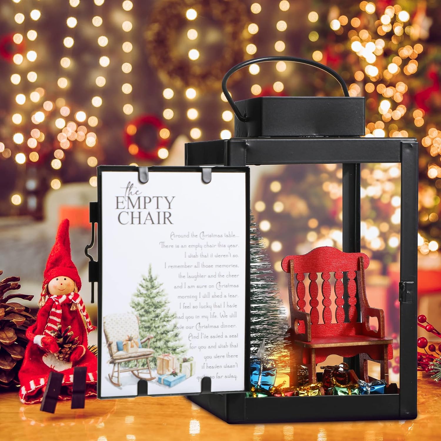 Roowest Christmas in Heaven Decor Memorial Lantern Empty Rocking Chair with LED Candle Mini Christmas Tree Shiny Boxes Ornament in Memory of Loved Ones Save A Seat DIY Memorial Gift(13 Pcs)