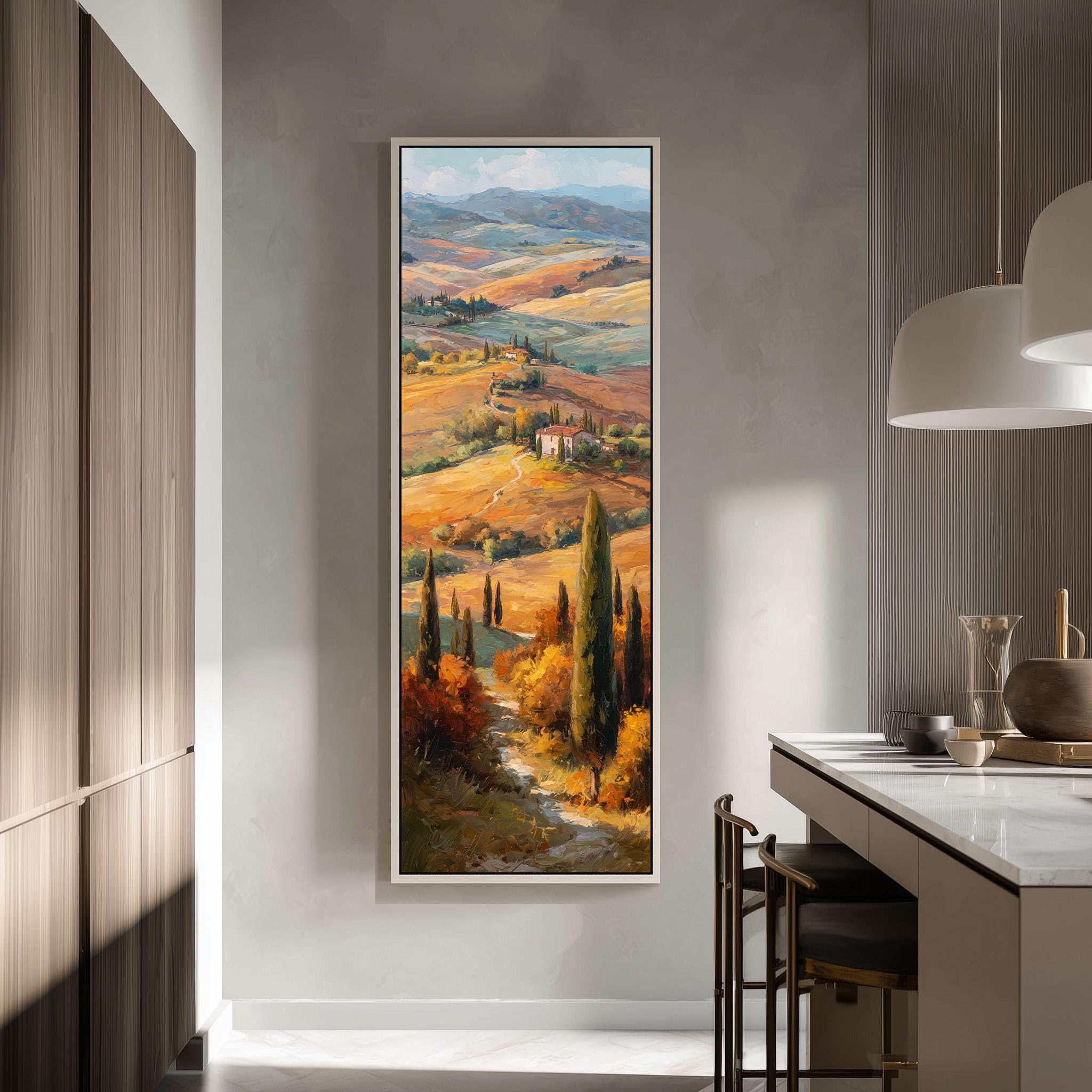 XINBAO Stampa artistica Colline ondulate, tela verticale alta, paesaggio impressionista con vigneti, decorazione mediterranea, dipinto di campagna (60x180 cm/cornice interna)