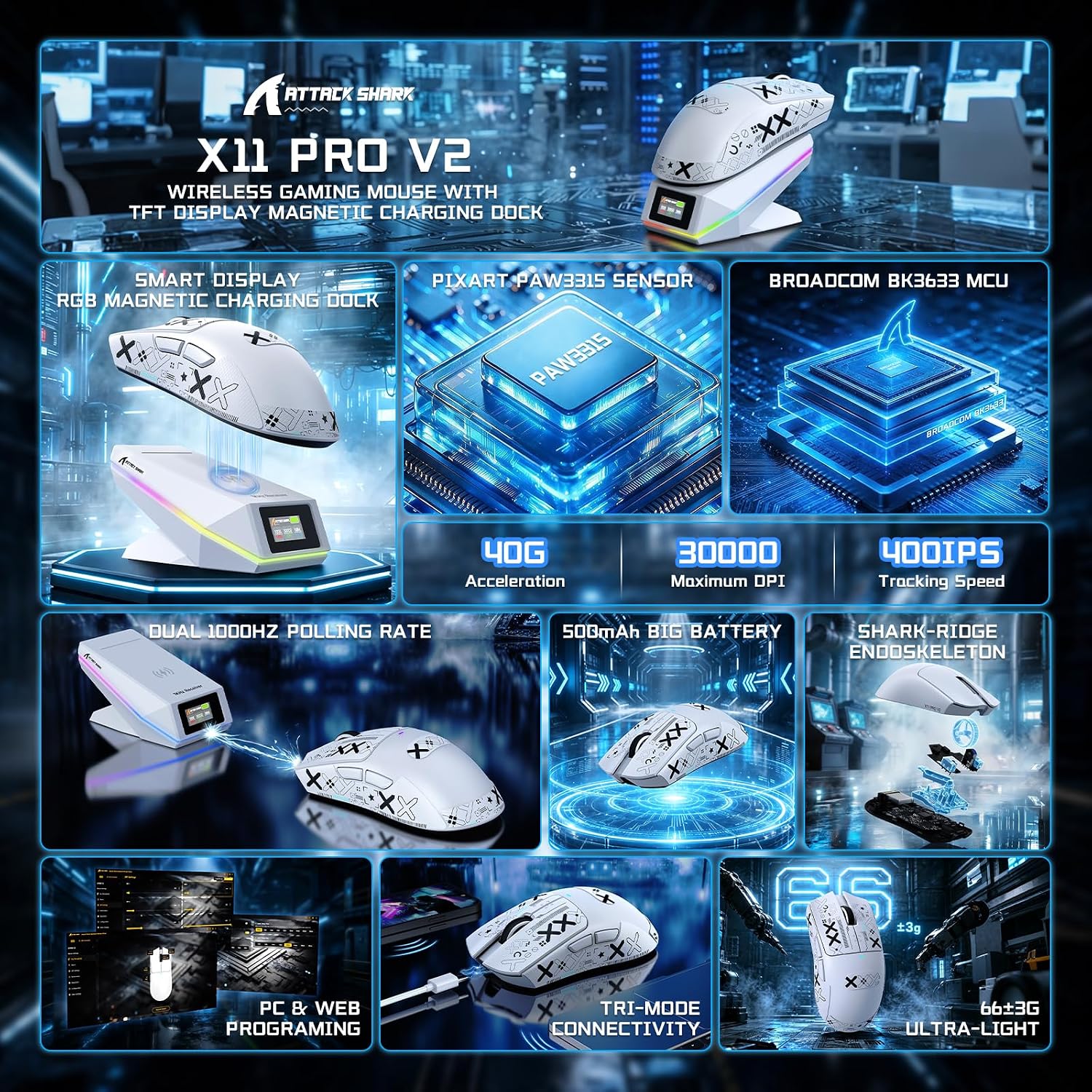 ATTACK SHARK X11 PRO V2 Wireless Gaming Mouse with Charging Dock-White/Tape image 2
