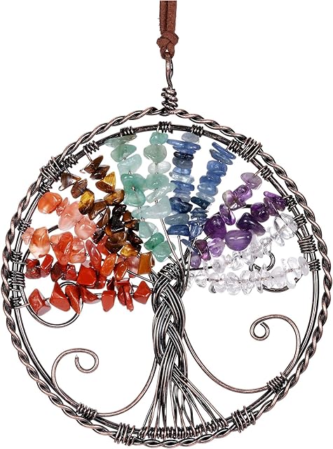 Jovivi 7 Chakra Healing Crystal Stone Hanging Ornament Handmade Tree of Life Dream Catcher Window Car Wall Decor Home Office Decorations for Reiki Good Luck Energy Yoga Meditation Protection Crystal