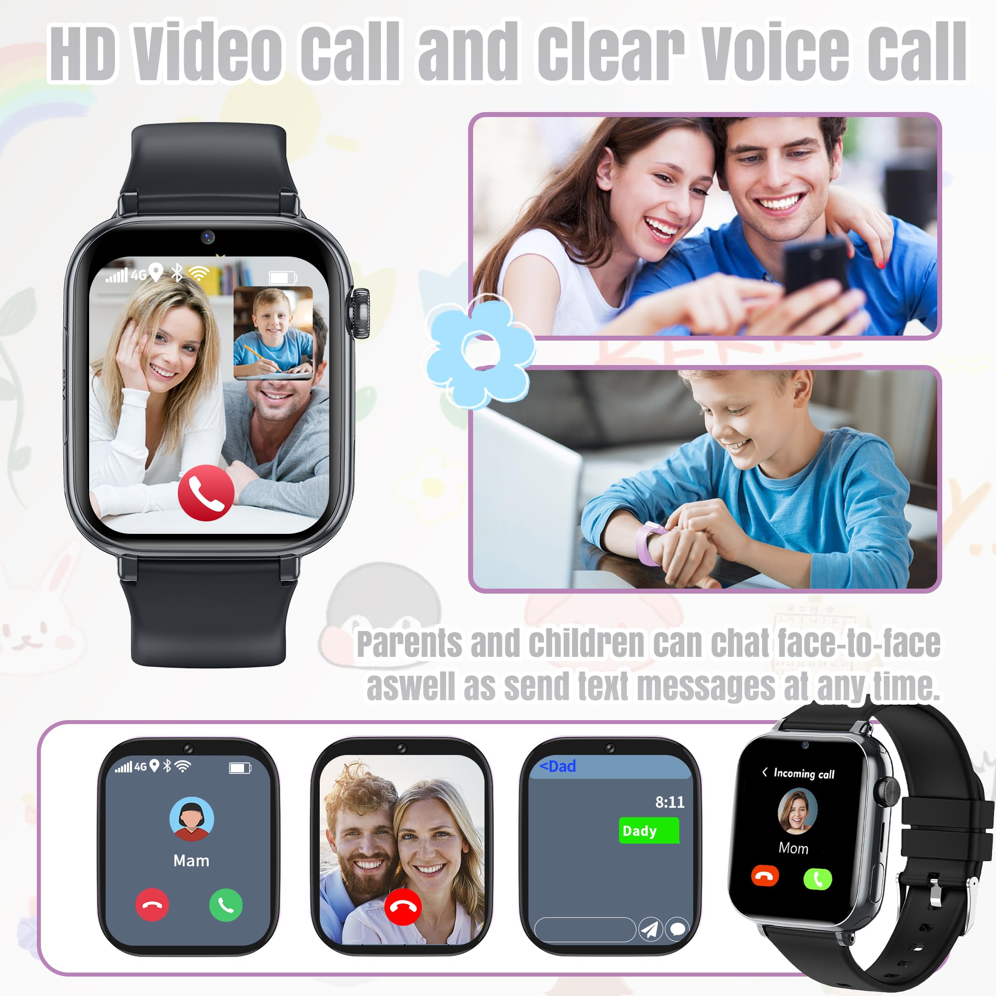 Smartwatch Bambini GPS 4G HD Videochiamate SOS Regali di Natale Compleanno | posizione in tempo reale, area di sicurezza, chiamate bidirezionali, chat familiare, giochi, modalità scuola, sveglia, sim