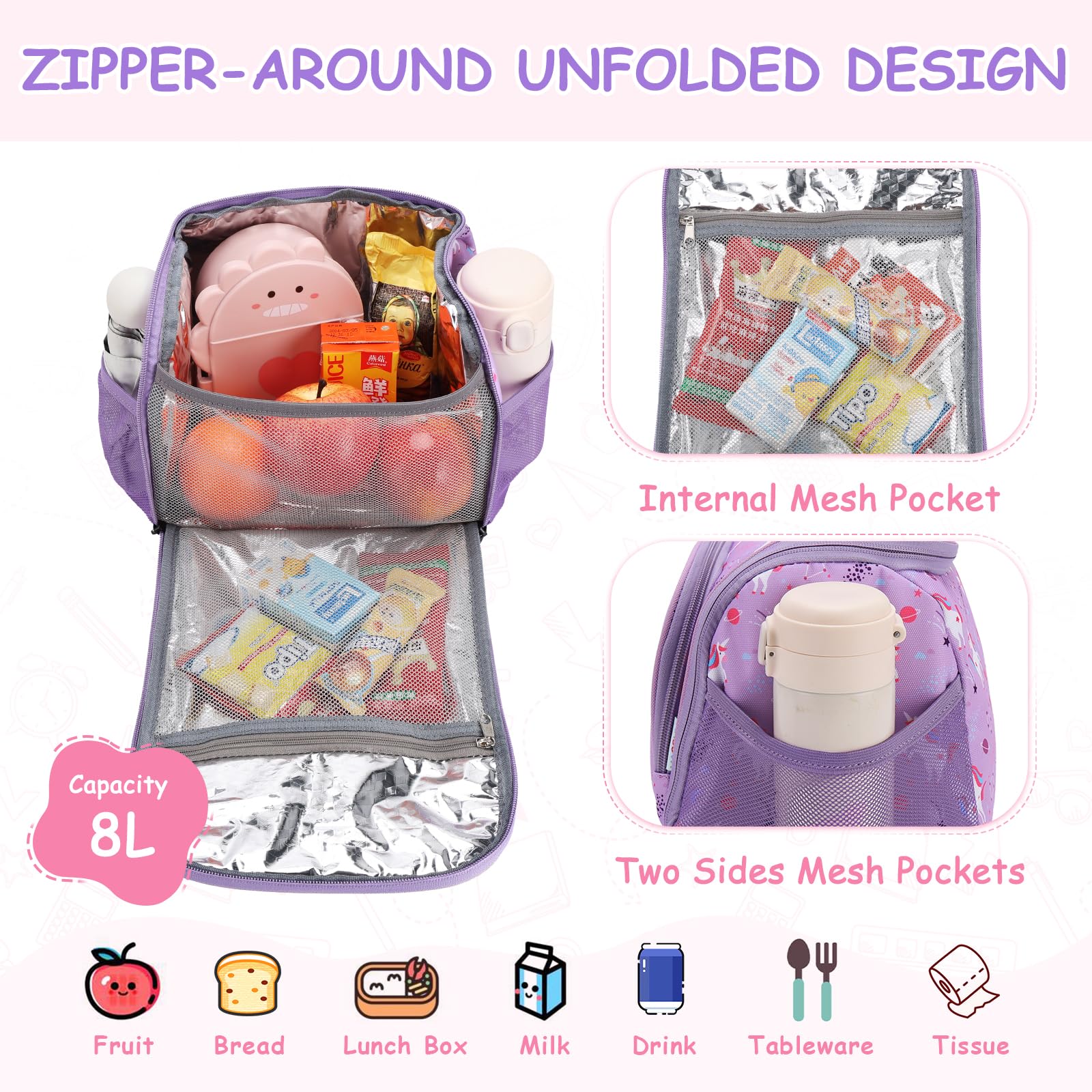 VASCHY Bolsa Almuerzo Infantil, Bolsa Termica Porta Alimentos Grande Nevera Termica para Niño Niña con Correa de Hombro Desmontable Bolsa Merienda Infantil para Picnic Colegio Viaje, Morado Unicornio