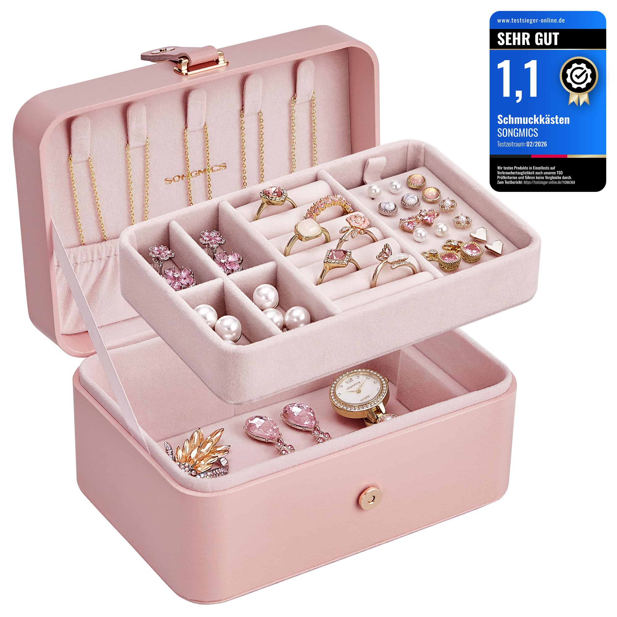SONGMICS Schmuckkästchen Reise, Schmuckkasten klein, 2 Ebenen Schmuckaufbewahrung, tragbar, Schmuck-Reiseetui, für größere Accessoires, 11 x 16 x 8 cm, Geschenkidee, pastellrosa JBC166R01