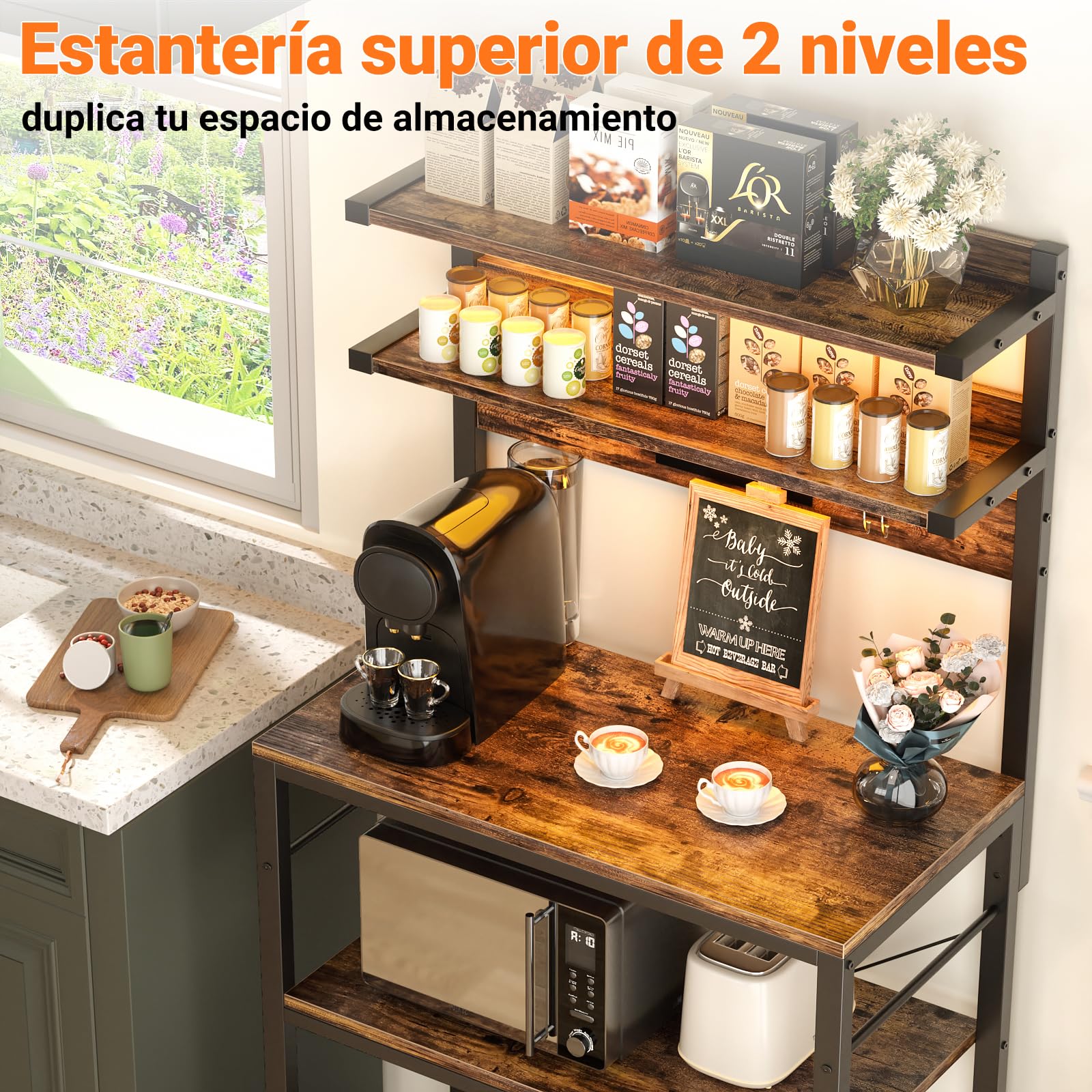 Estantería de Cocina con Enchufes, Luces LED, Soporte para Microondas, 60x40x147cm, Marrón Rústico