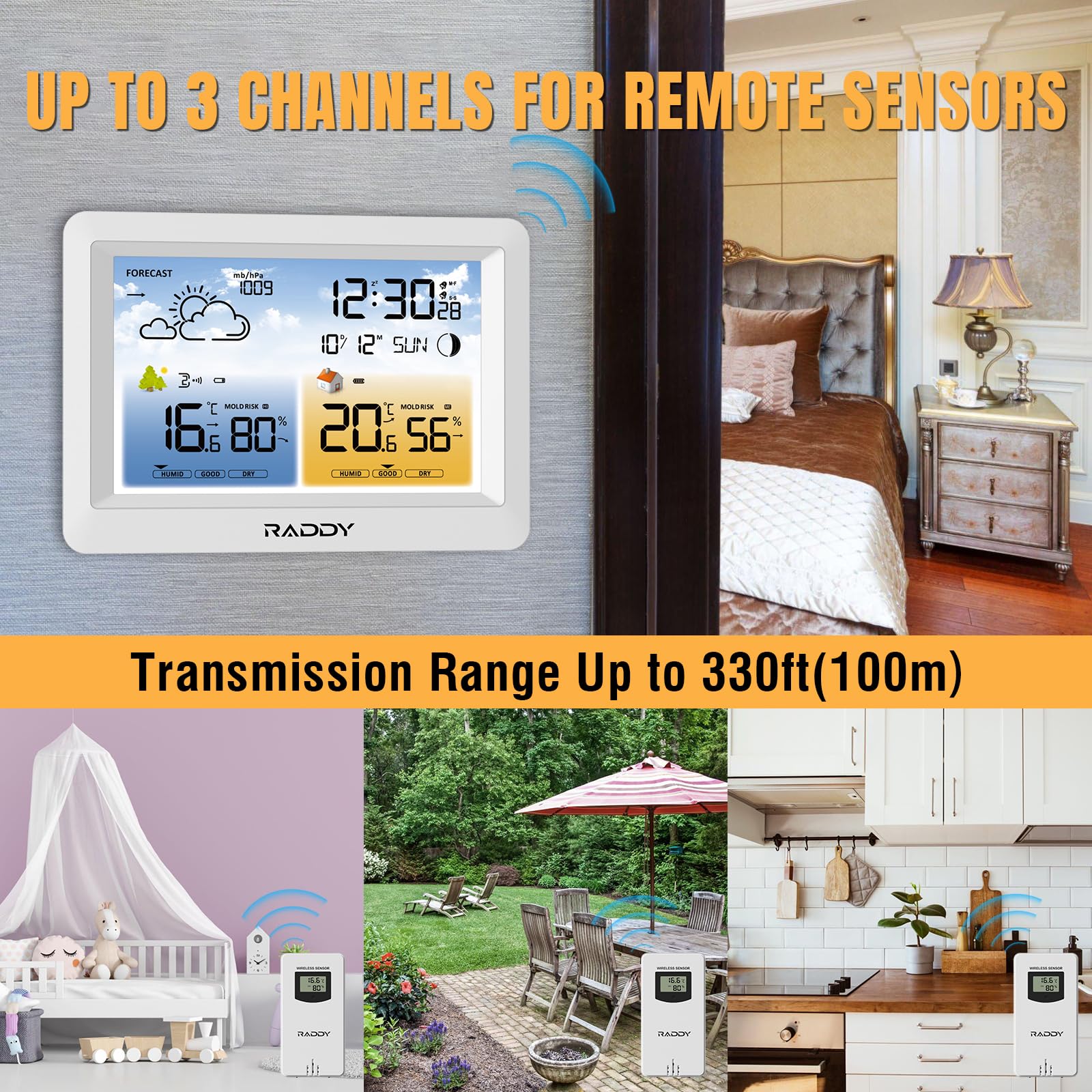 Stazione meteorologica wireless Raddy WM6 con sensore remoto, batteria integrata da 2000 mAh, barometro, orologio DCF, previsioni meteo, avviso rischio muffa, display a colori per interni ed esterni