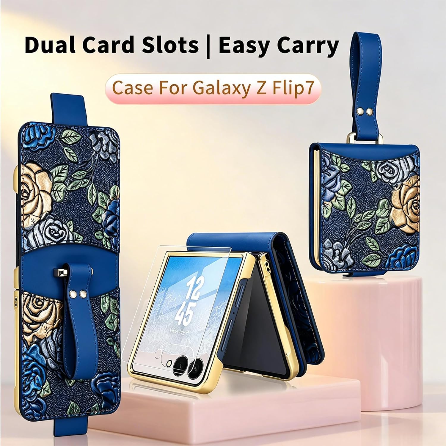 MistWorld for Samsung Galaxy Z Flip 7 Case Dual-Sided Card Holder & Leather Flower Embossed & Hinge & Built-in Screen Protector,Lanyard,Flip case Designed specifically for Women (Blue, Z Flip7)
