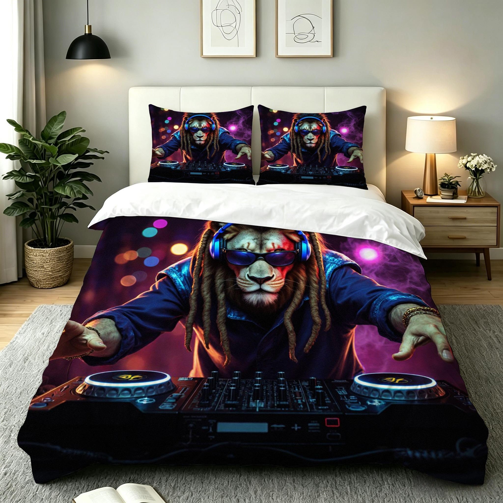 Housse de couette 1 personne motif lion violet 160x200 en microfibre douce