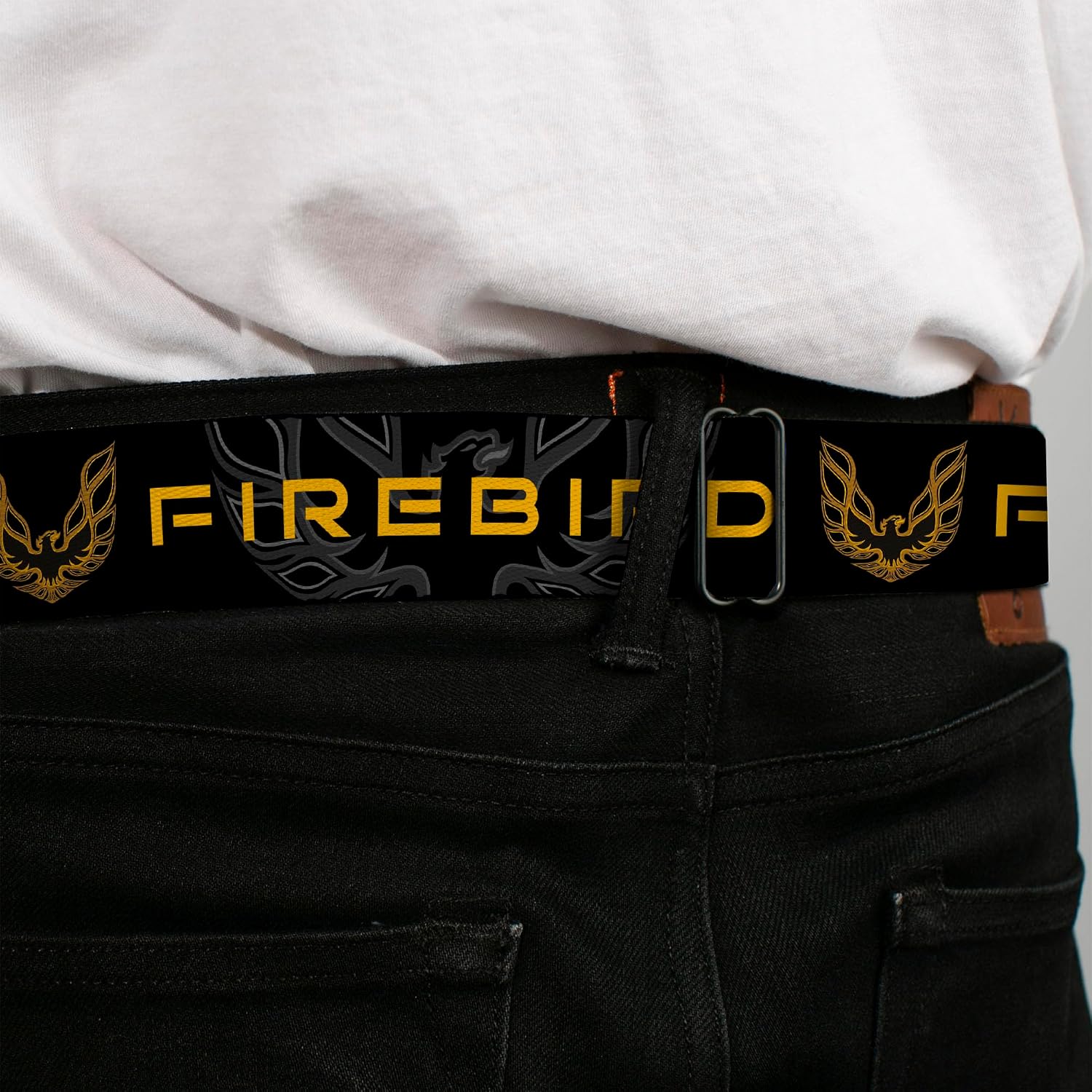 Buckle-Down Seatbelt Belt - Pontiac FIREBIRD/Logo Black/Grays/Golds