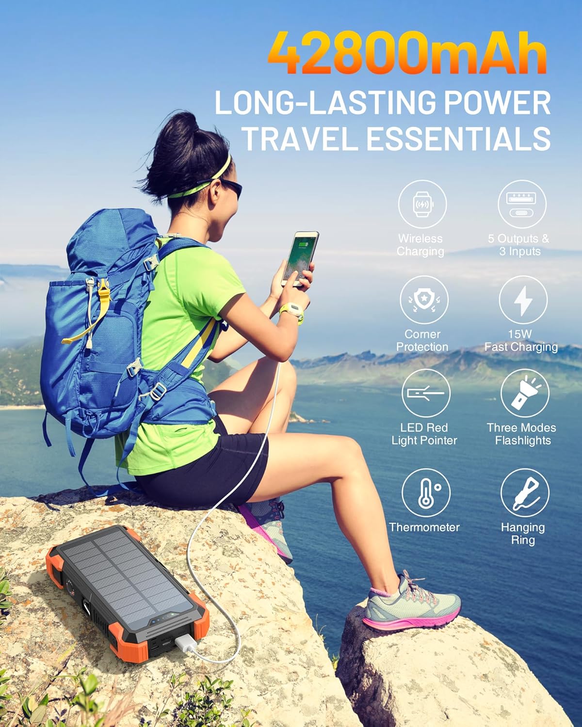GOODaaa Solar Power Bank Plus 42800mAh Solar Charger Wireless Charger
