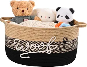 30L Woof Dog Toy Basket with Handles, Large Woven Dog Storage Bin with Paw Print, 17”x12”x9”, Black