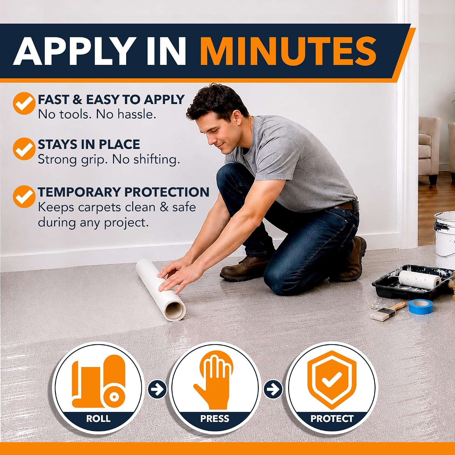 Carpet Protection Film 24" x 200 ft, Clear Self-Adhesive Plastic Carpet Protector Roll, Durable Temporary Stair Carpet Protector, Rug & Floor Protection Tape to Shield Surfaces from Dirt & Spills
