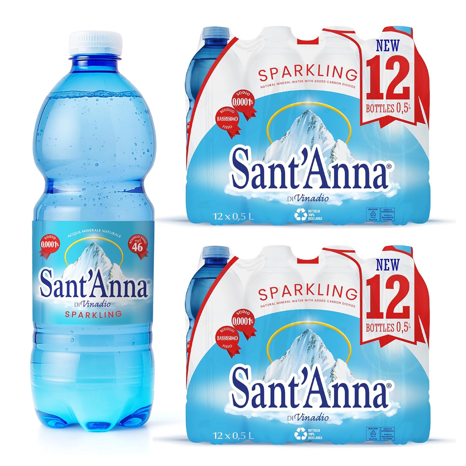 Sant'Anna Frizzante Sparkling Natural Mineral Water, 16.9 Fl Oz (24-Pack) | Pure Italian Alps Mountain-Fresh Drinking Water | Natural Functional Drink | Sodium-Free Mineral in BPA-Free Bottles
