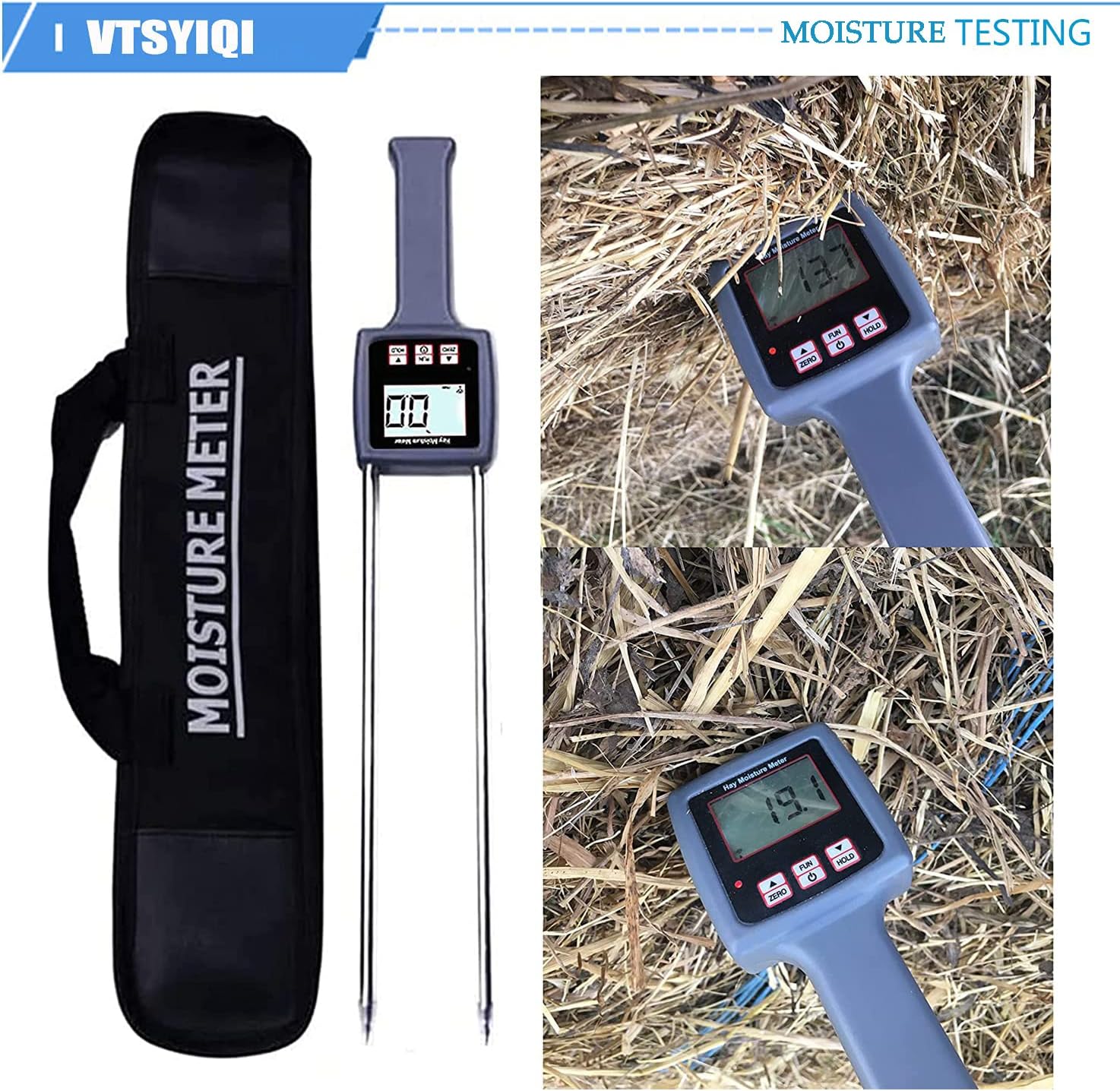 Digital Hay Moisture Meter Tester with Resolusion 0.1 Accuracy ±0.5% n Measuring Range 0 to 80% for Alfalfa Pasture Knots Straw Leymus Chinensis Orchard Grass Pennisetum Hydridum Etc