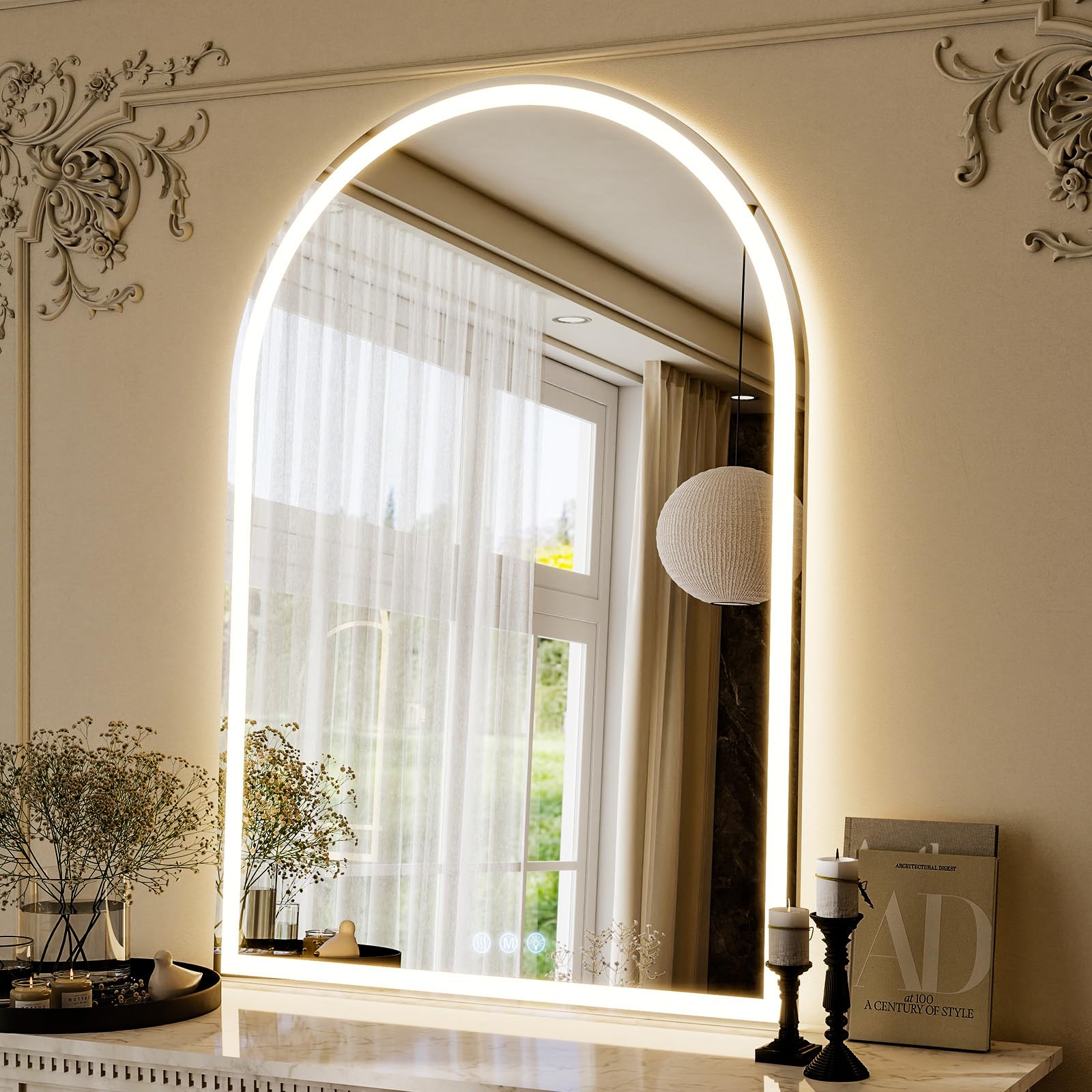 Koonmi Lustro łazienkowe LED, 120 x 75 cm, możliwość ściemniania, ochrona przed parowaniem | Wypukłe lustro świetlne z 3 kolorami światła, funkcją pamięci i szkłem hartowanym, do łazienki i makijażu