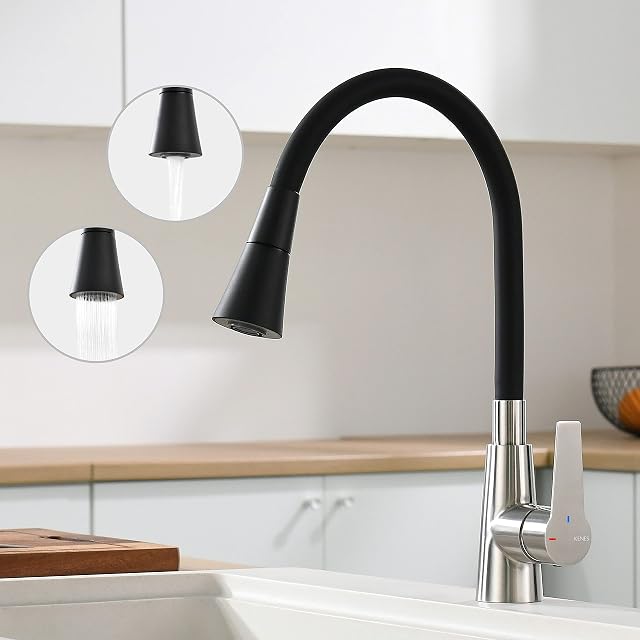 KENES Flexible Kitchen Sink Mixer Tap Bendable & 360° Rotatable Black Kitchen Sink Taps with Two Water Outlet Modes, Black & Brushed Finish KE-8075