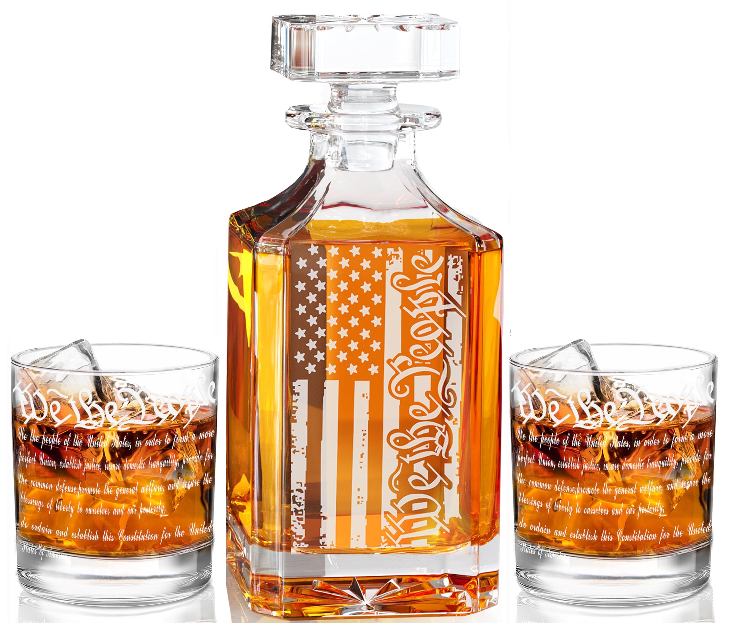 YJGS Whiskey Decanter Set -750ml Whiskey Decanter Engraved We The People American Flag Decanter Set with 2 Glasses, Patriotic Whiskey Gifts for Men, Liquor Decanter Set for Alcohol, Bourbon, Scotch