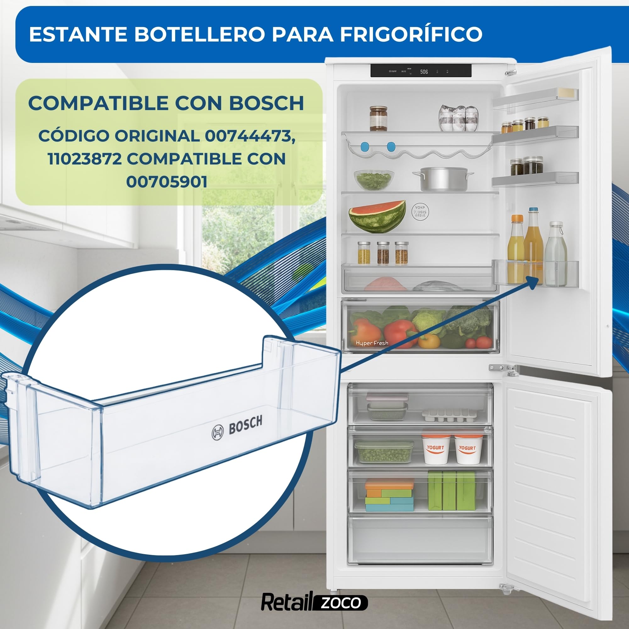Estante Botellero Frigorífico compatible con Bosch, Botellero inferior para la nevera, código original 00744473, 11023872 compatible con 00705901, Dimensiones 442 mm x 124,9 mm x 100 mm — view 2