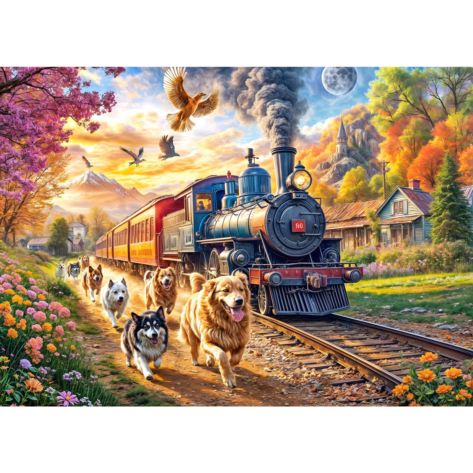 Chalzidar Jigsaw Puzzles for Adults 1000 Pieces, Interlock Perfectly Letter on Back No Dust, Home Decor Birthday Party Gift Toy for Men Women Elders Seniors, 1:1 Poster - Happy Train