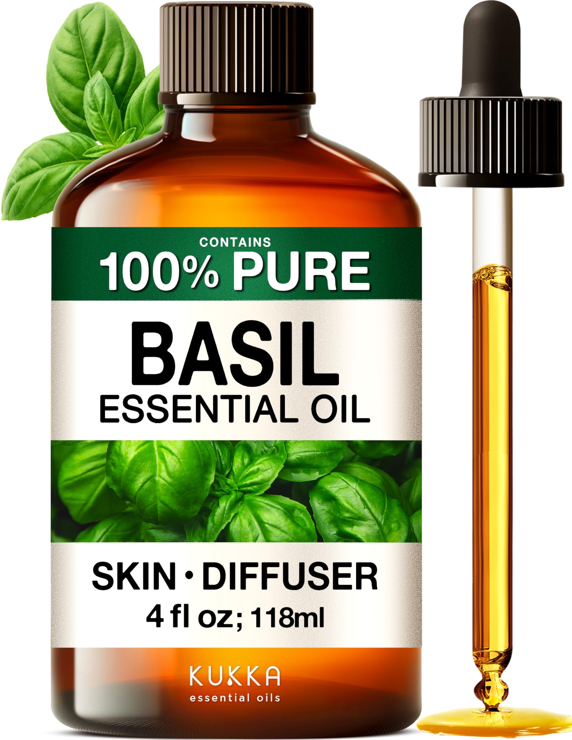 KUKKA Basil Essential Oils - 4 Fl Oz - for Hair, Skin, Diffuser, Aromatherapy & DIY Soap Making Scent