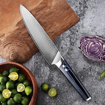 Chef Knife, 8 Inch Chef Knife Damascus Che,s Knife VG10 Damascus Steel Japanese Knife Blue G10 Handle Ultra Sharp Kitchen Knife