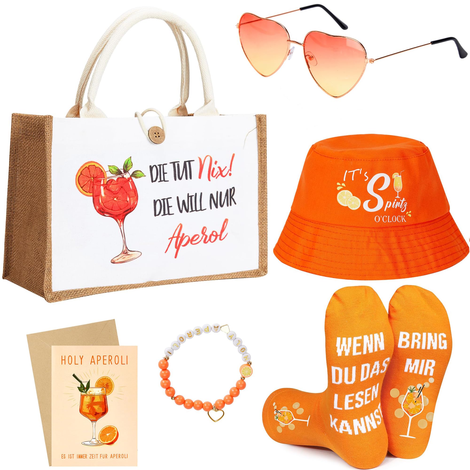 Geschenk Tasche für Aperol, Socken Damen für Aperol, Armbänder für Aperol, Geburtstagskarten für Aperol, Orange Fischerhut, Retro Brillen in Herzform