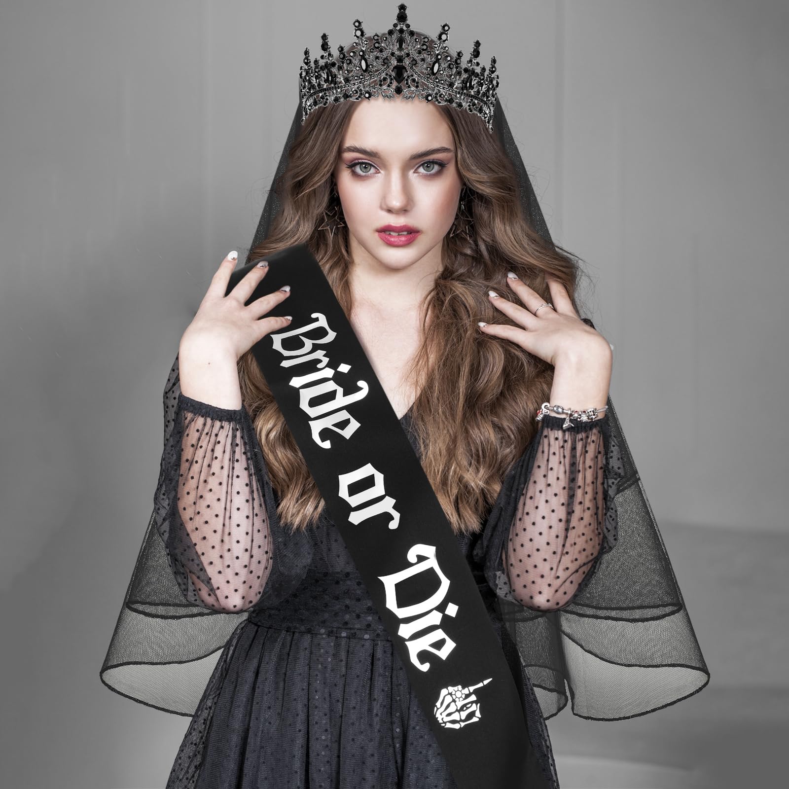 Panitay Juego de 3 piezas de decoración de novia o troquel para despedida de soltera, corona de novia, velo para decoración de boda negra, accesorios góticos para el día de la boda de Halloween,
