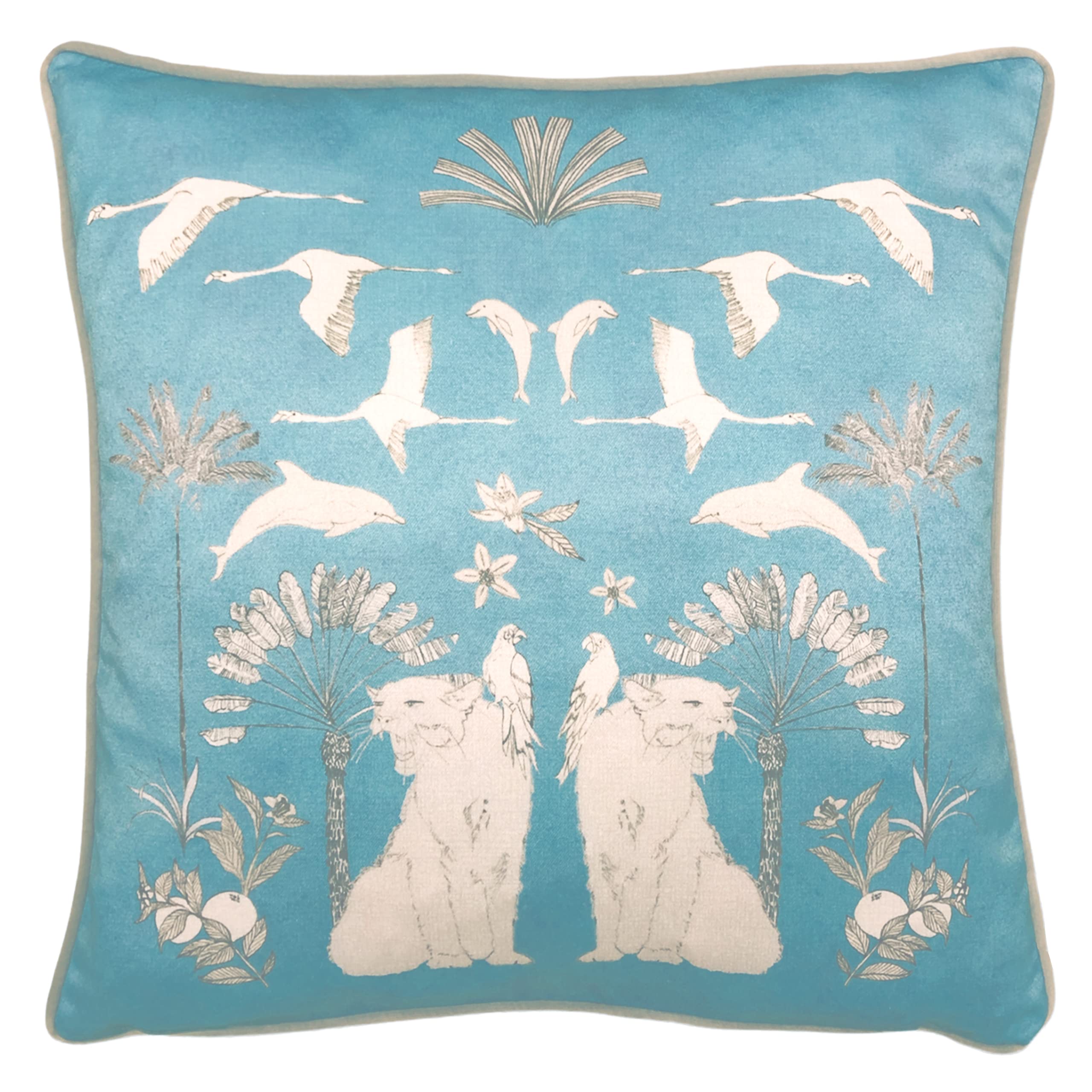 Furn Colony Palm Botanical Printed Velvet Cushion in Blue | Size: 43cm x 43cm