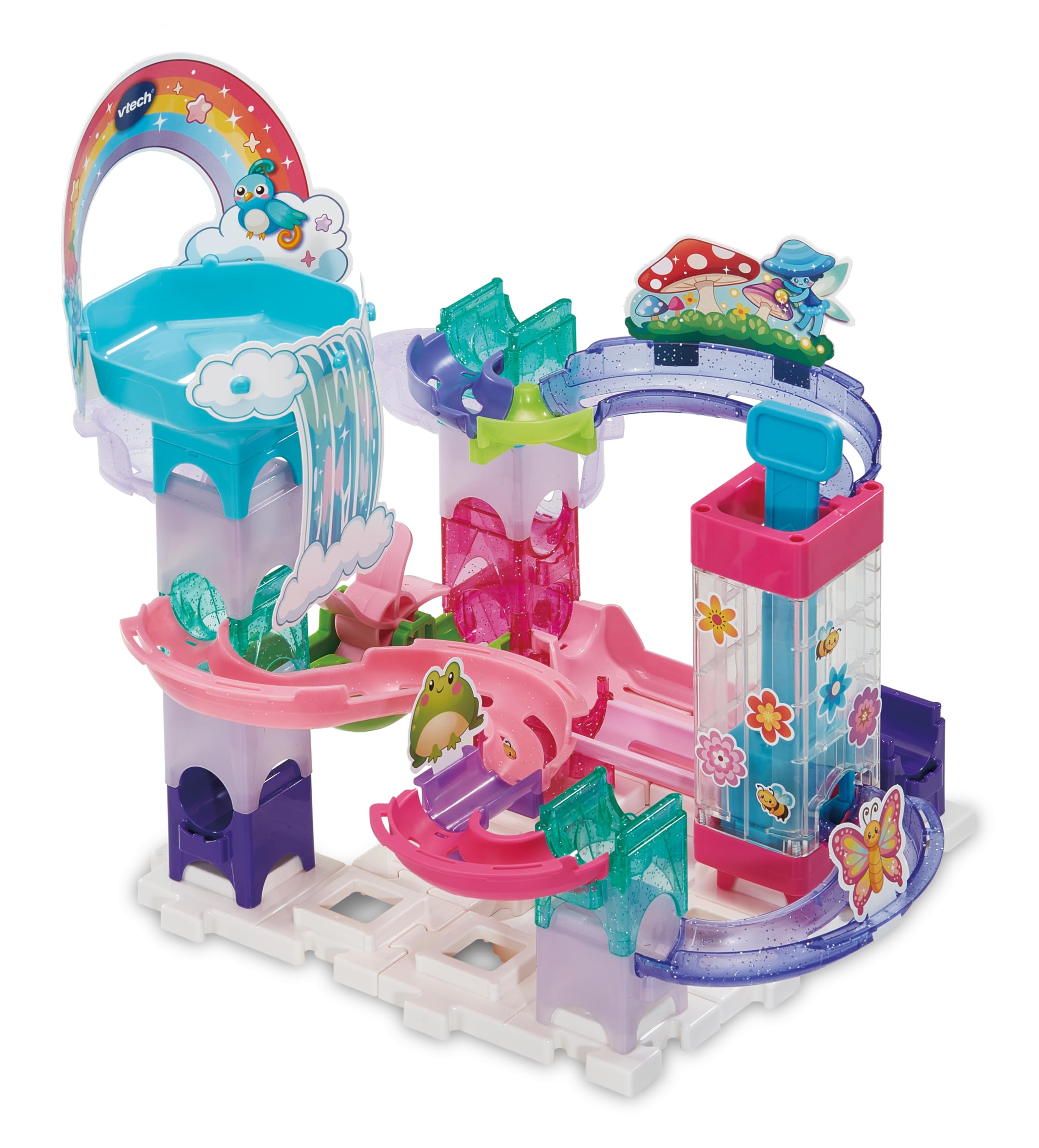 VTech Marble Rush Petal Power, Juego de construcción para niños, 96 Piezas de construcción y 6 canicas, Carrera interactiva de mármol con temática de Flores, Juego imaginativo, Adecuado para 4, 5, 6