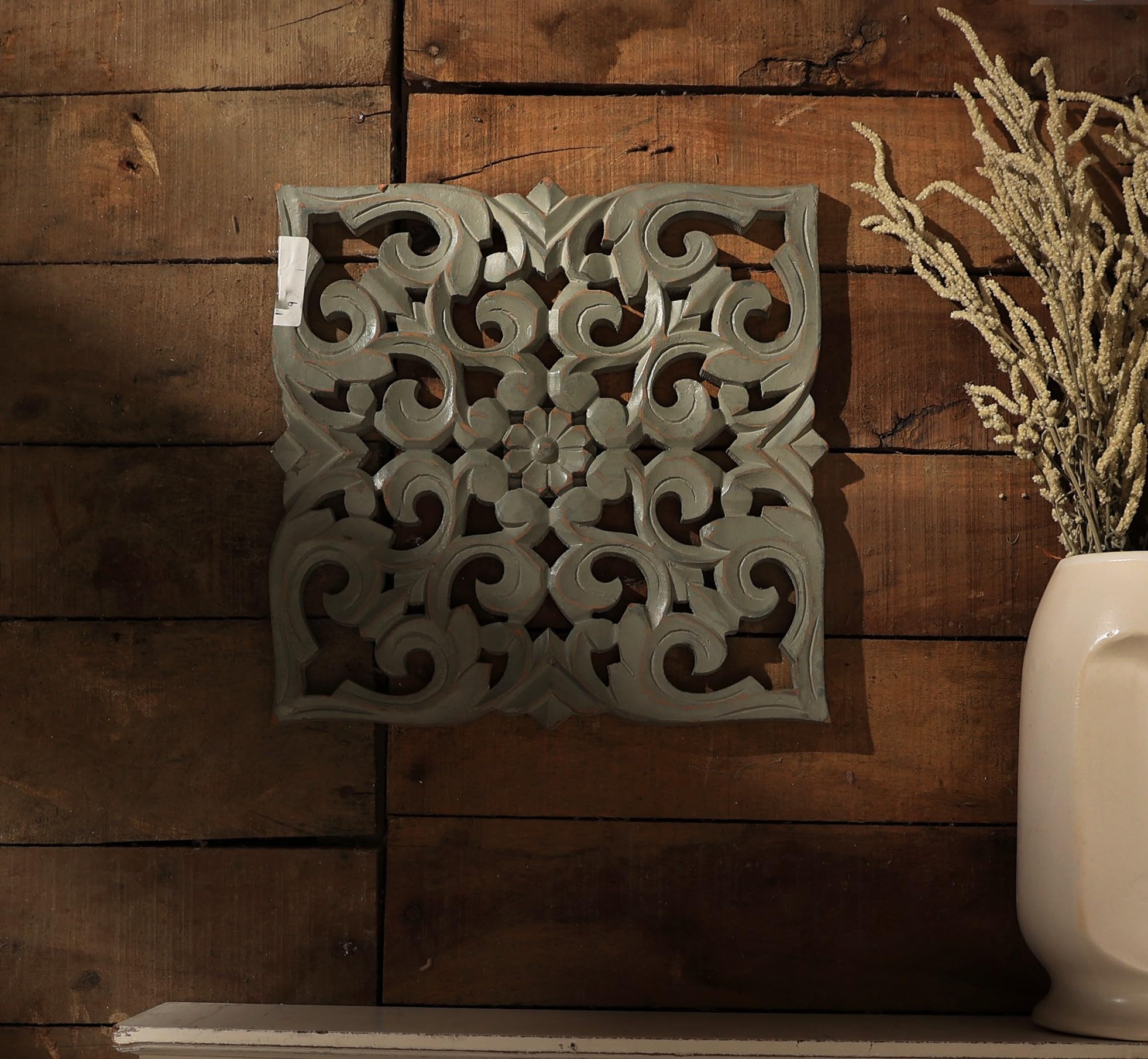 Designer Library- 12 Inch Arti Carved Wall Panel, Wooden Wall Hanging Plaque Hand Carved Wall Art for Living Room Made by MDF Faux Wood with Grey Antiqe Finish