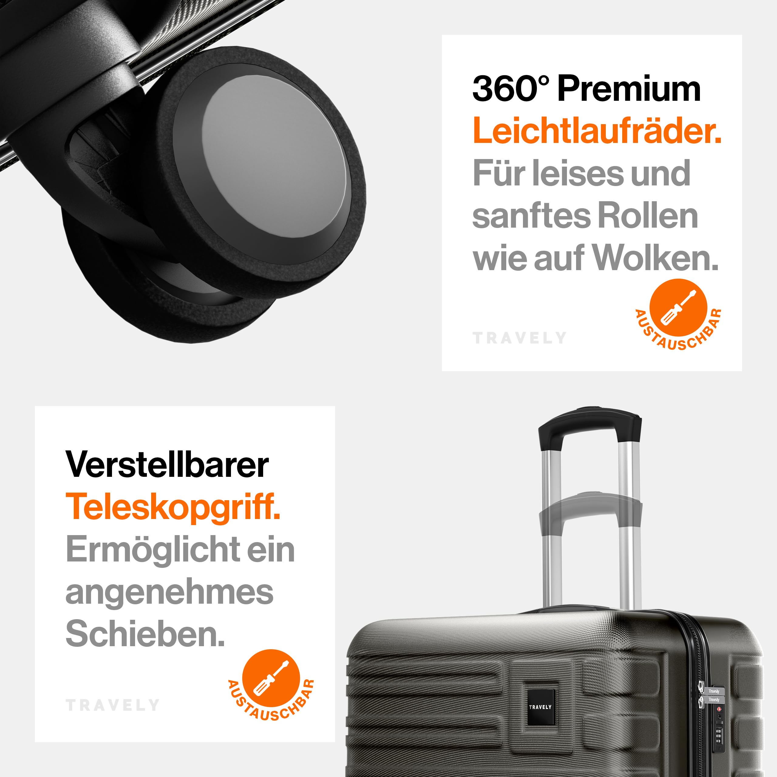 Travely Polycarbonat Koffer Groß 77cm XL - 100L Innenvolumen - 158cm Gurtmaß, sehr robuster Hartschalenkoffer mit sanften Rollen & TSA Schloss, Reisekoffer, Handgepäck Koffer, Reisekoffer mit Rollen