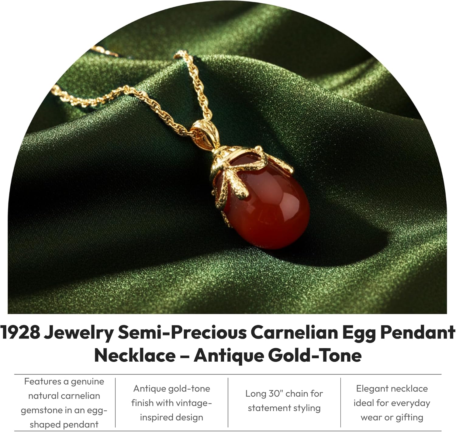 1928 Jewelry Women's 30-Inch Semi-Precious Carnelian Gemstone Egg Pendant Necklace, Genuine Natural Stone in Antique Gold-Tone, Unique Vintage-Inspired Design, Perfect Fashion Accessory and Gift