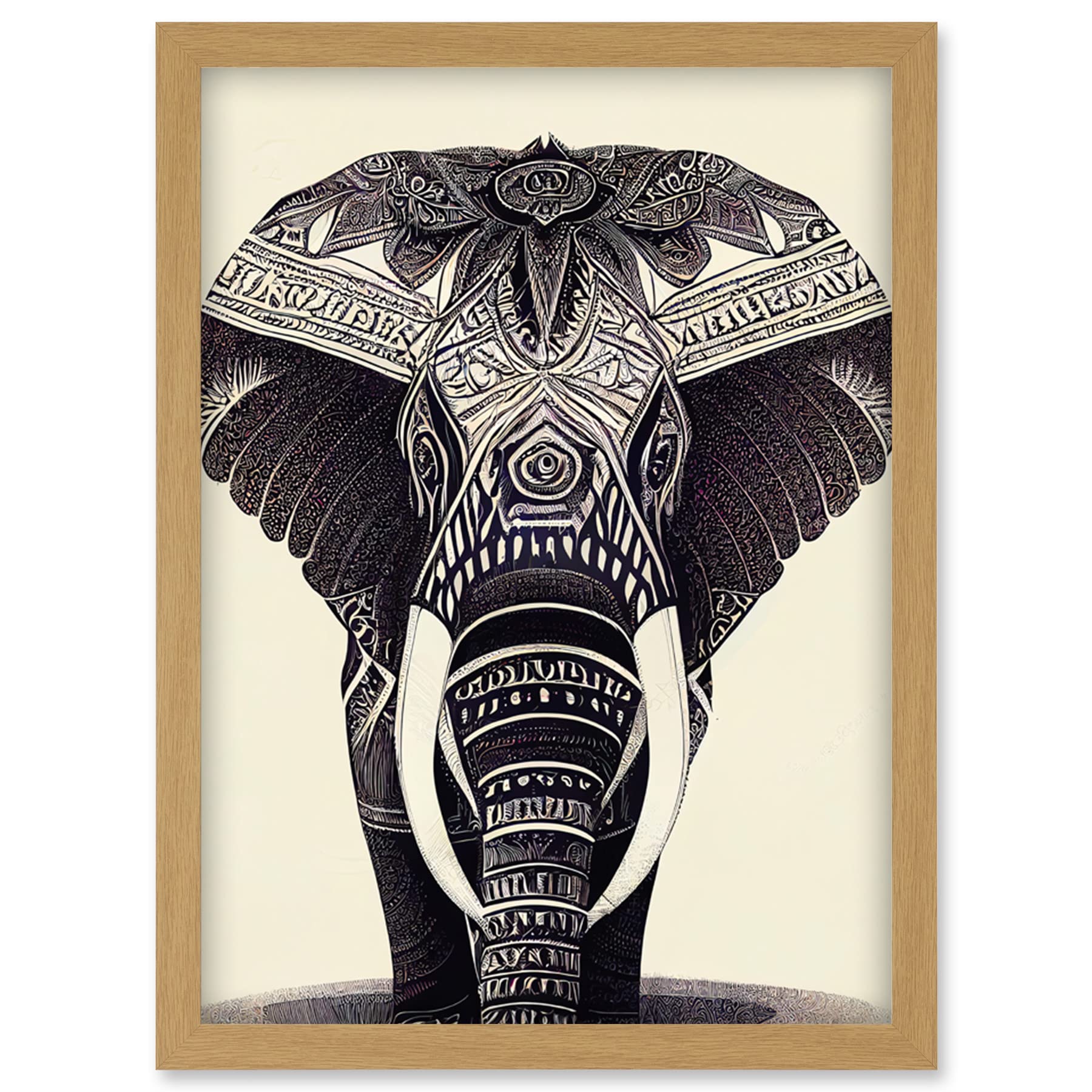 Doppelganger33 LTD Illustration Of Elephant With Tribal Patterns Black And White Artwork Framed Wall Art Print A4